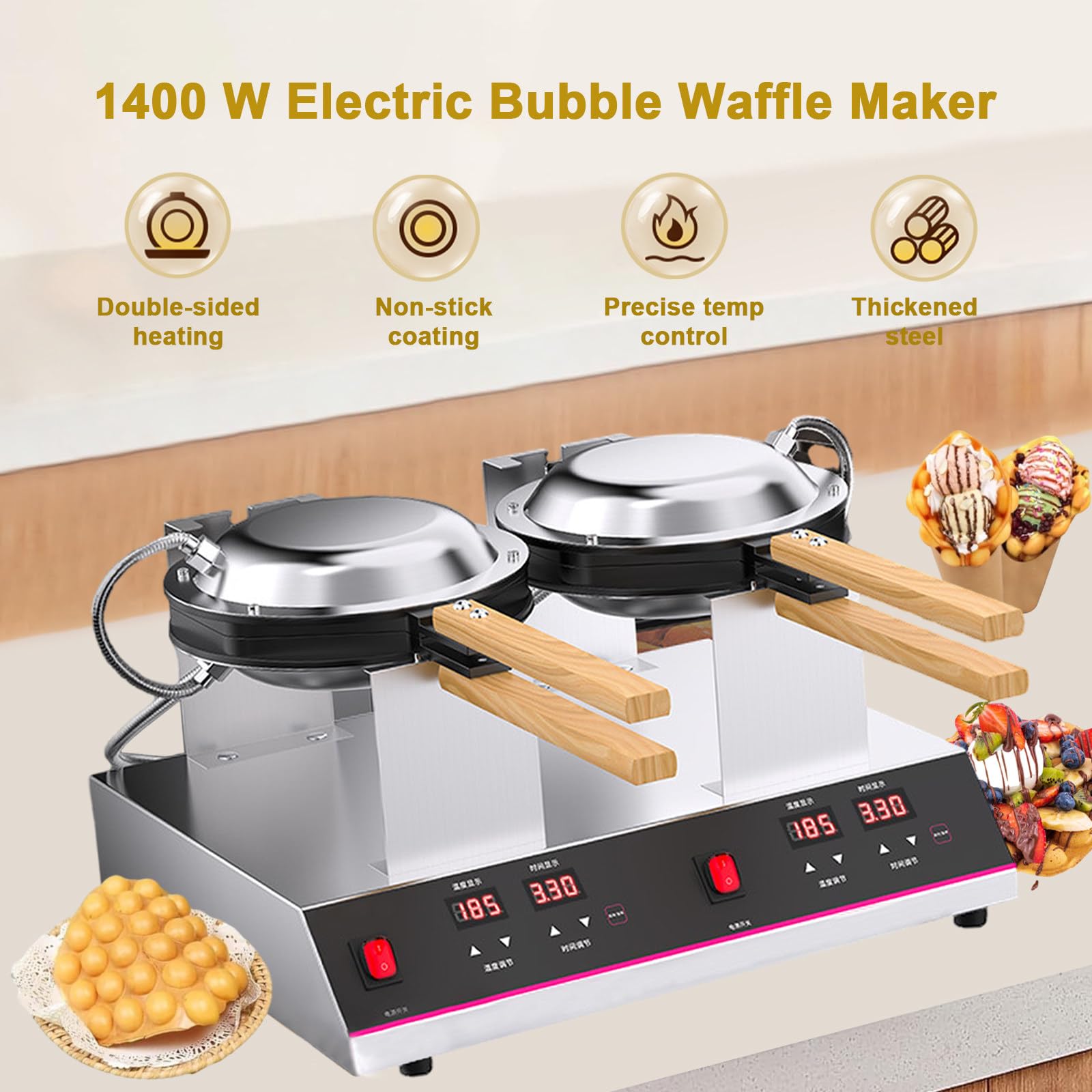 Waflera De Huevo De 1400 W Con Calentamiento Por Ambos Lados,Bandeja Profesional Para Wafles De Comida Callejera,Rotación De 180°,Pantalla Digital Con Temperatura Y Temporizador,DoubleHead