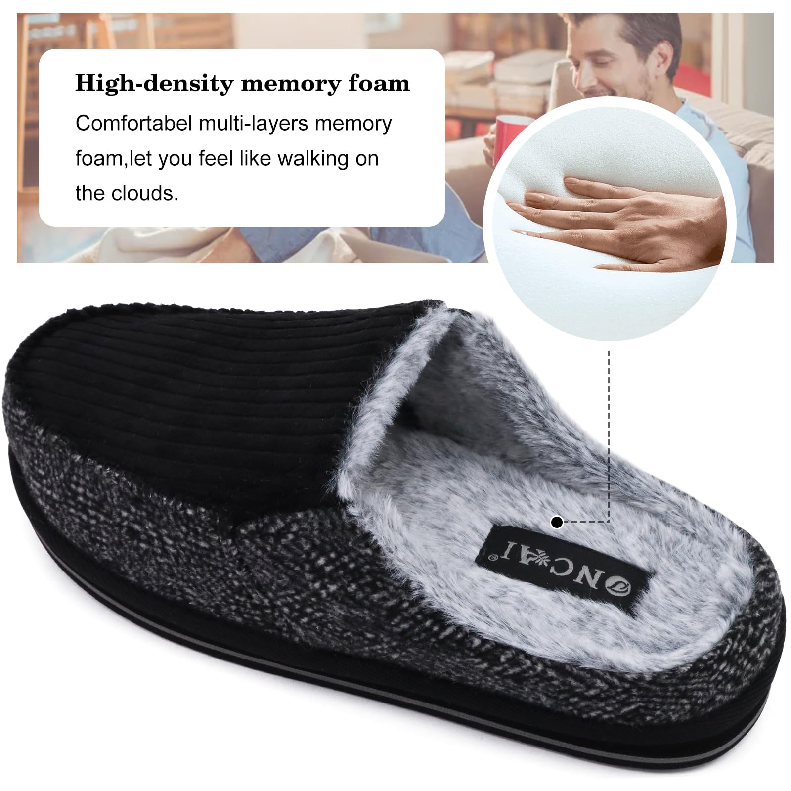 ONCAI Pantofole da Uomo in Comfort Pelo Cotone Strisce Ciabatte da Casa in Lana con Memory Foam Supporto Arco Suola in Gomma Taglia 40-50