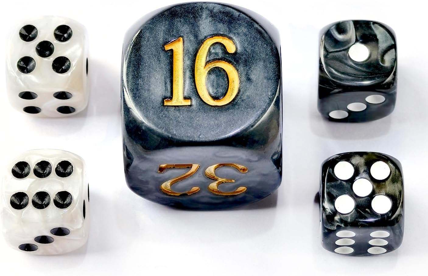 5pcs Set 30MM Backgammon Pearl Dice Set - 30MM (1 3/16") Large Backgammon Doubling Cube Plus 4pcs 16MM Dice (Black/White Marbleized)