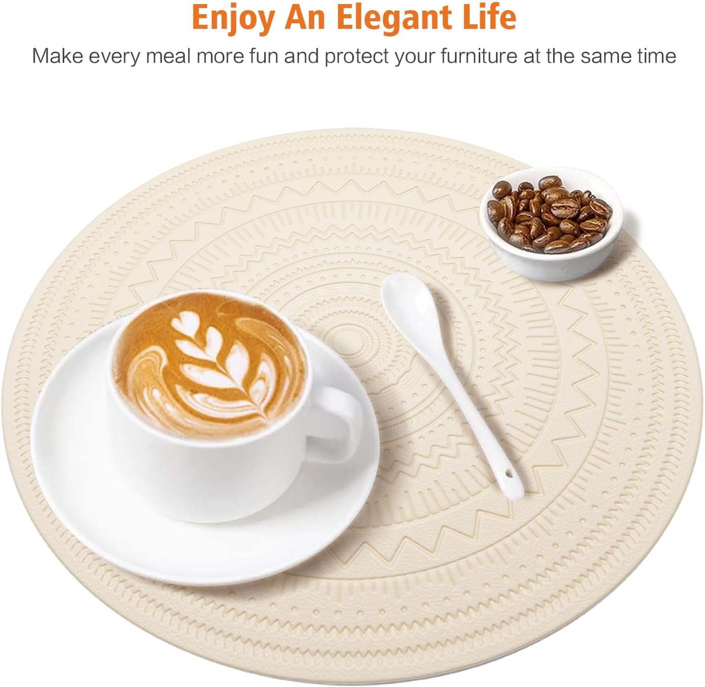 15 inch Round Plastic Placemats Set of 8 Vinyl Faux Leather Waterproof PVC Place Mats Heat Resistant Wipeable Washable Non-Slip Table Mats for Indoor Outdoor(8,Beige)