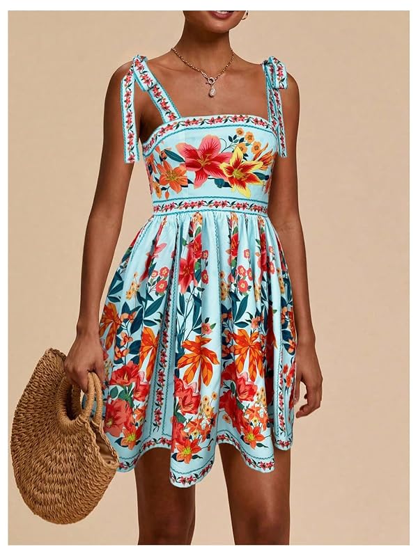 OYOANGLE Women's Boho Dress Floral Tropical Vacation Dress Sleeveless Tie Shoulder Summer Flowy Mini Dress Sundress Blue X-Large by OYOANGLE - Used condition - Image 2