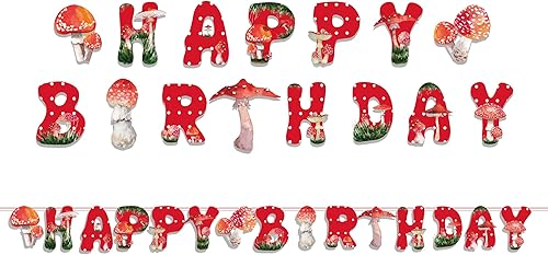 Miniatura 3 de CC HOME Cartel de feliz cumpleaños de hongos rojos, pancarta de hongos en acuarela, tema colorido de hongos para niños y niñas, niños, hogar, aula,