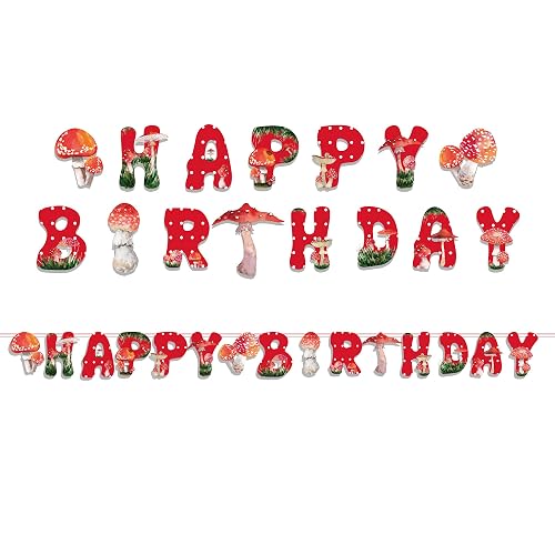 Happy Birthday Mushroom Banner - Watercolor Party Decor For Baby Showers & Kids Birthdays