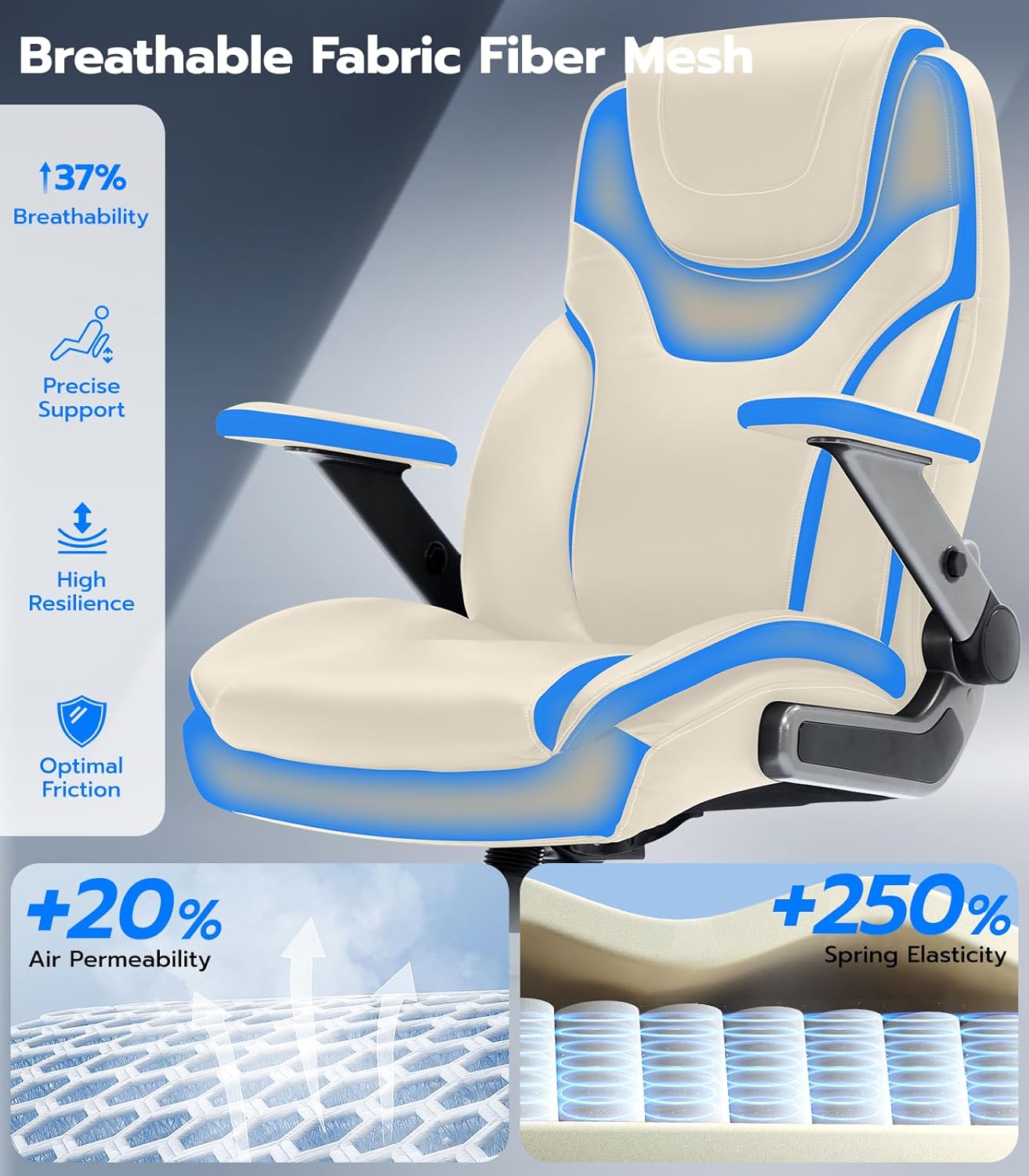 Big and Tall Office Chair with 5D Arms, Fabric and PU Leather Ergonomic Executive Home Office Chair with Adjustable Lumbar Support, Heavy Duty Desk Chair with 3'' Silent Casters (Elegant Beige)
