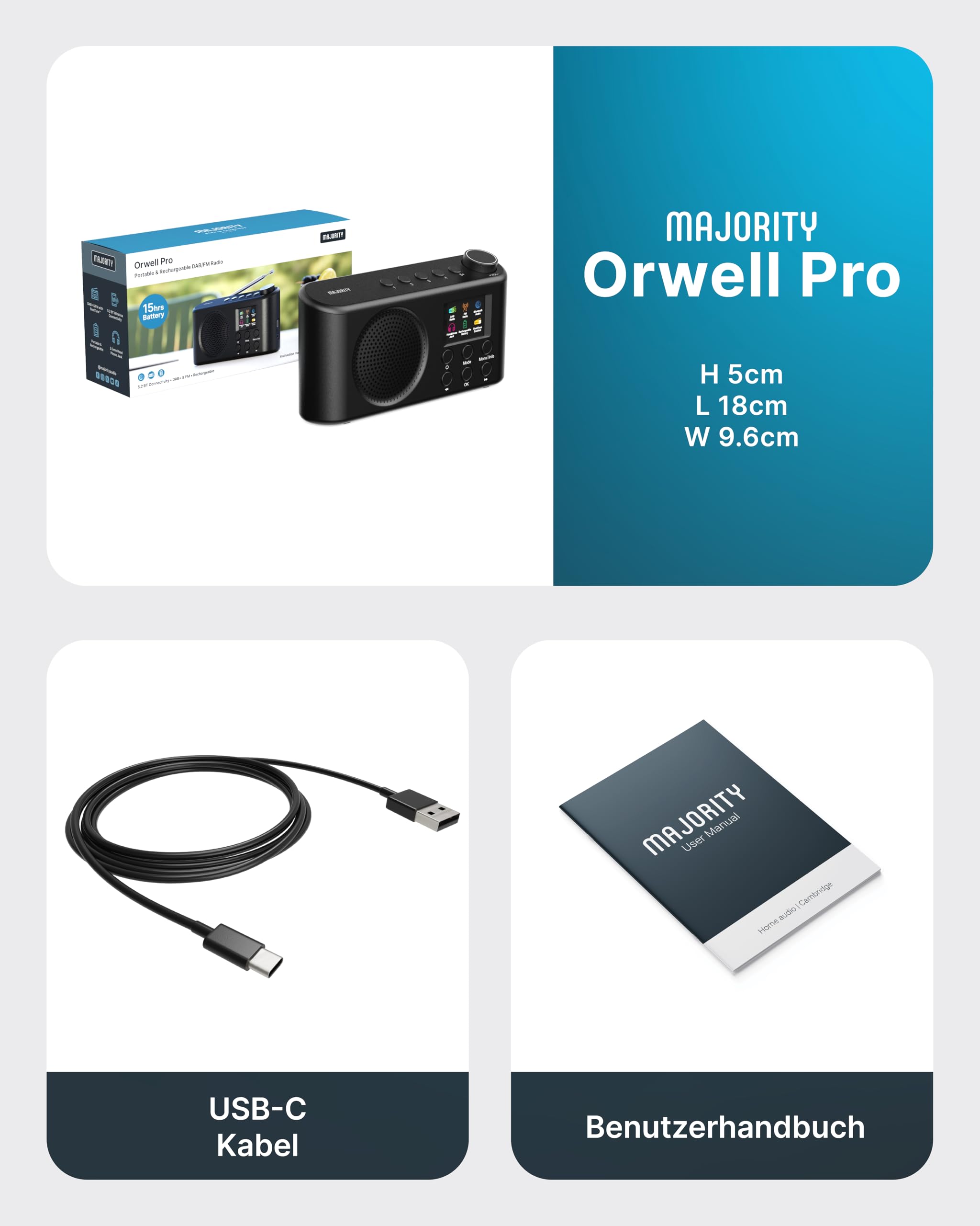 MAJORITY Orwell Pro DAB Plus Radio | Küchenradio DAB+ & UKW | Mini Radio mit Bluetooth 5.2 | Kofferradio Akku mit 15 Stunden Akkulaufzeit | Digitalradio mit 40 Voreinstellungen für Küche und Büro