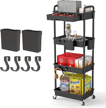 4 Tier Rolling Utility Cart with Drawer,REBECAT Utility Cart Made of Multifunctional Storage Organizer Tool for Kitchen,Bathroom,Living Room,OfficeBlack