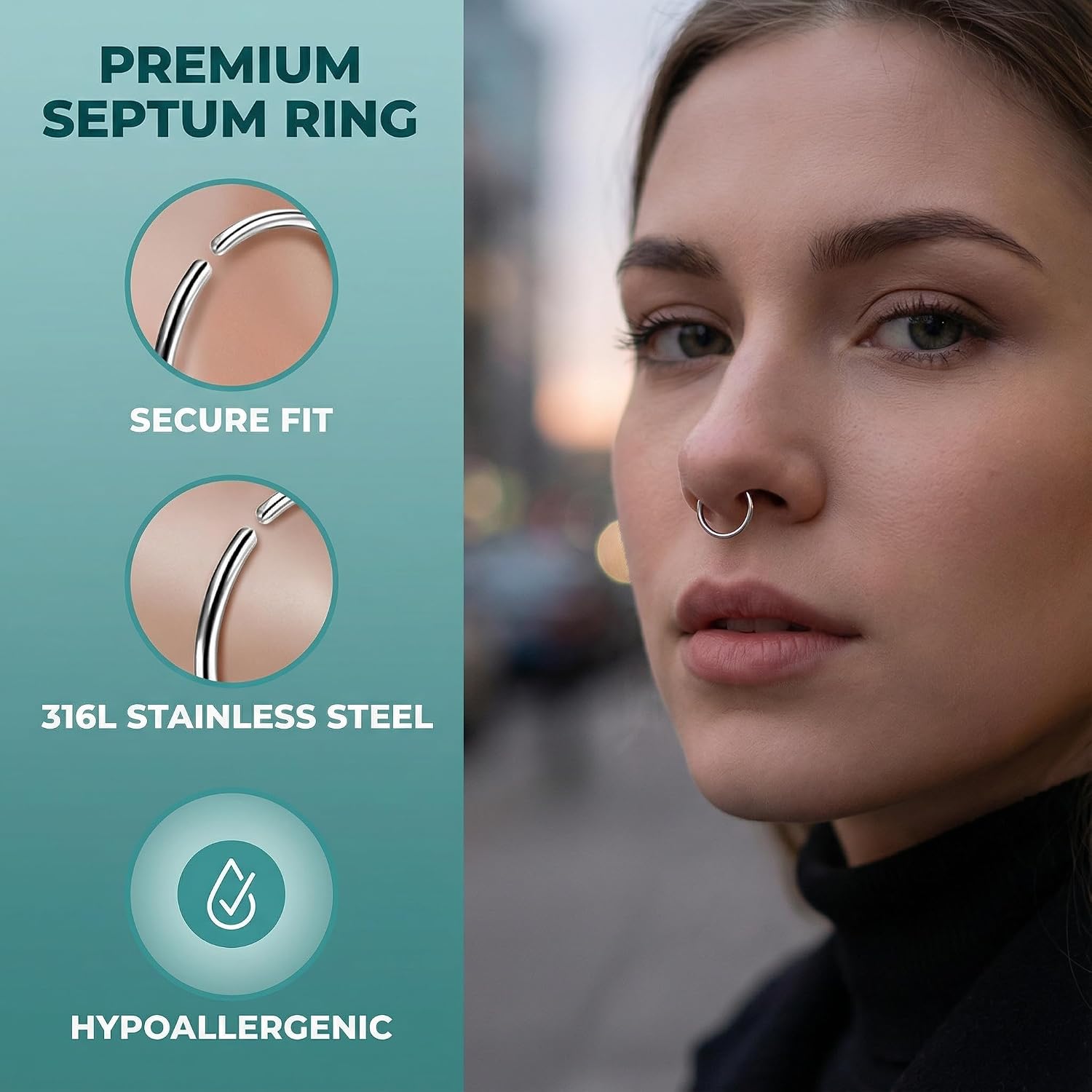 10 Pack Fake Nose Rings, Stainless Steel Clip-On Septum Rings, No Piercing Hoop Nose Ring & Faux Lip Ring Jewelry for Men Women, 0.03" Thickness, 0.4" Inner Diameter