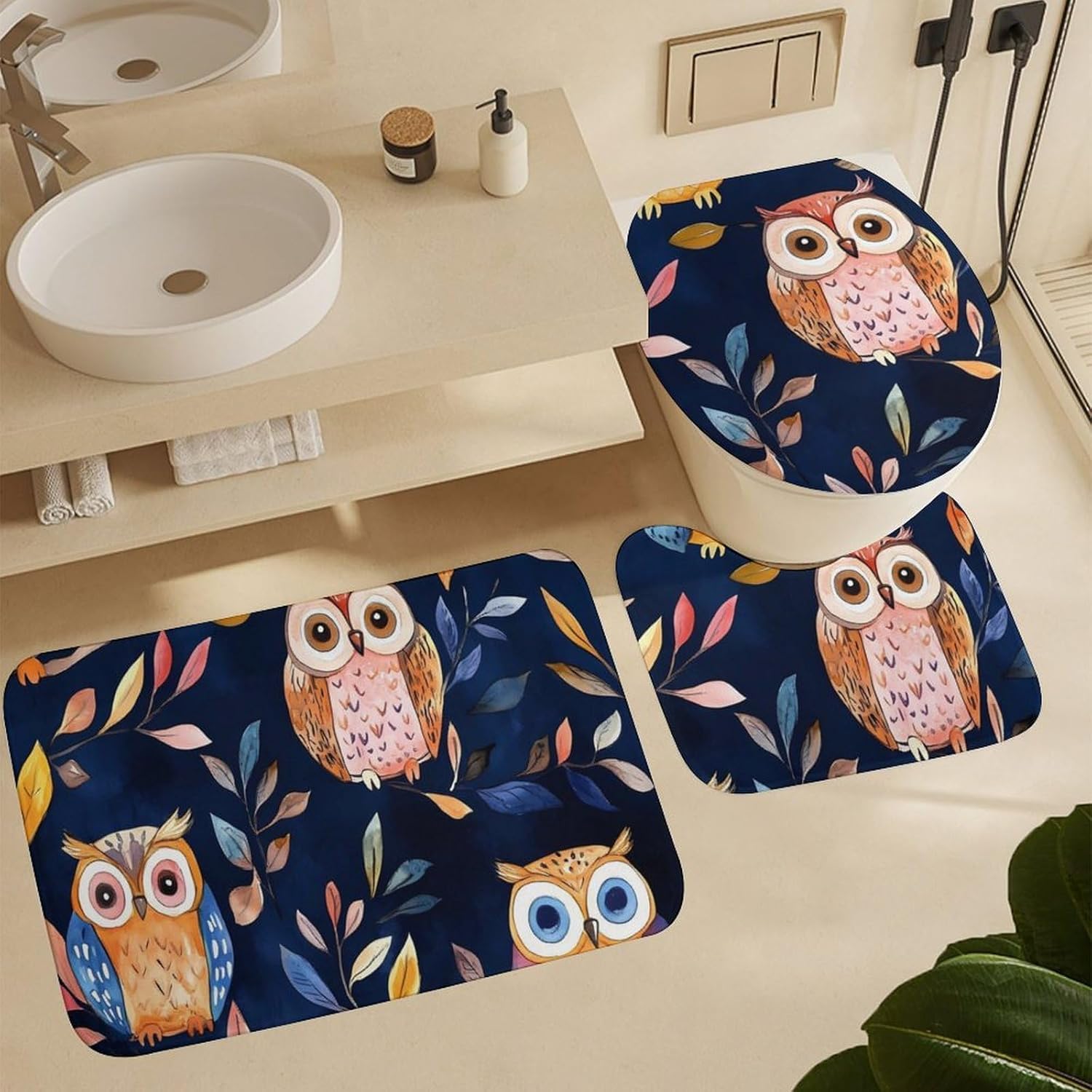 Colorful Owls and Leaves Modern Bathroom Sets with Shower Curtain and Rugs Decor 4 Pcs with 12 Hooks