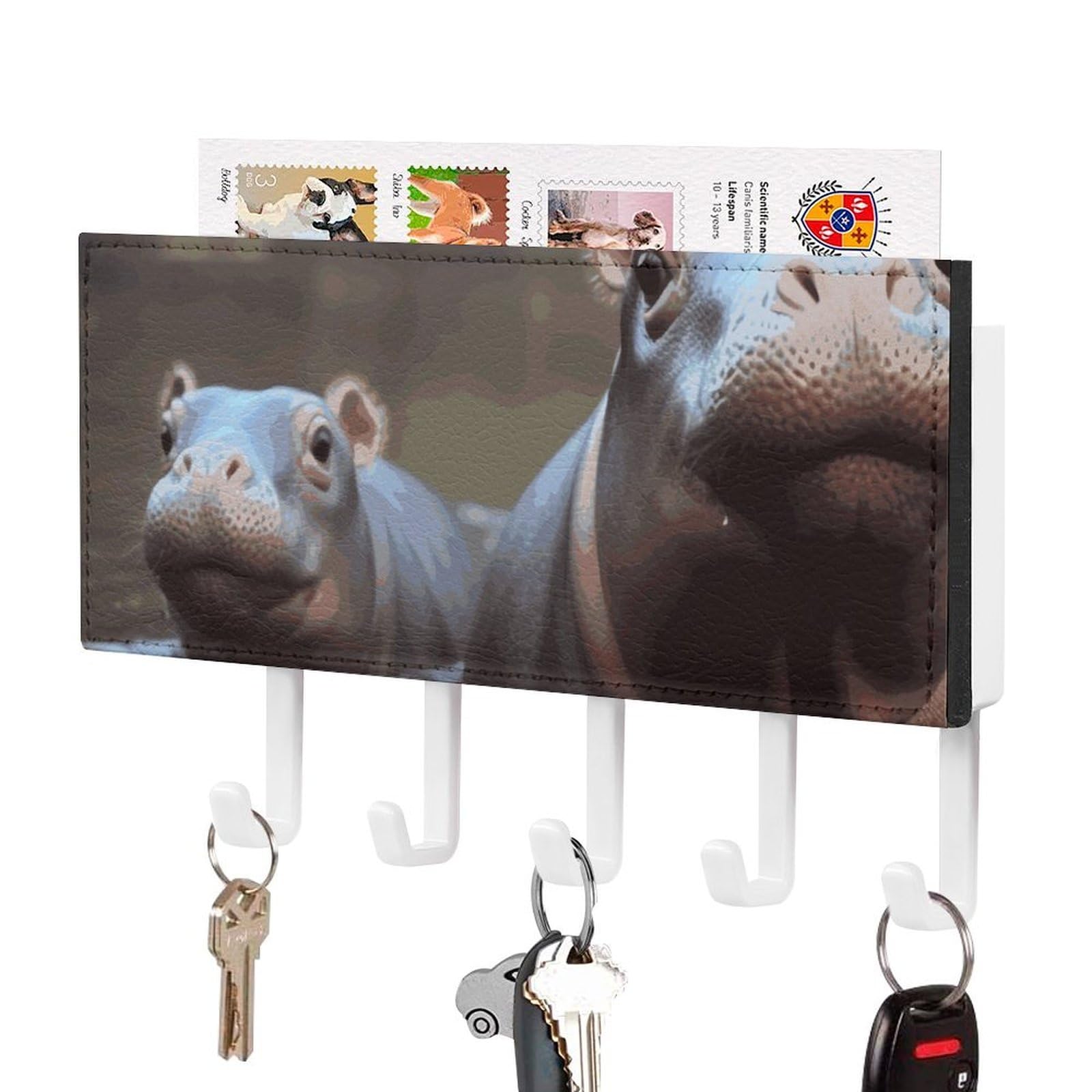 JTREHY Baby Hippos Holder Wall-Mounted Key and Mail Holder,Key Rack with 5Keys Hooks, Easy to Install Mail Organizer for Entryway, Front Door, Hallway, Office
