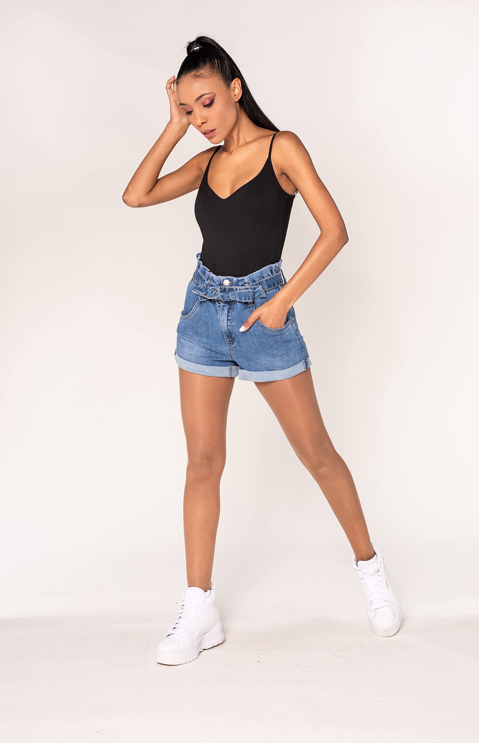 Nina Carter P203 Short en jean court pour femme Coupe trapèze Taille haute Aspect usé Short d'été