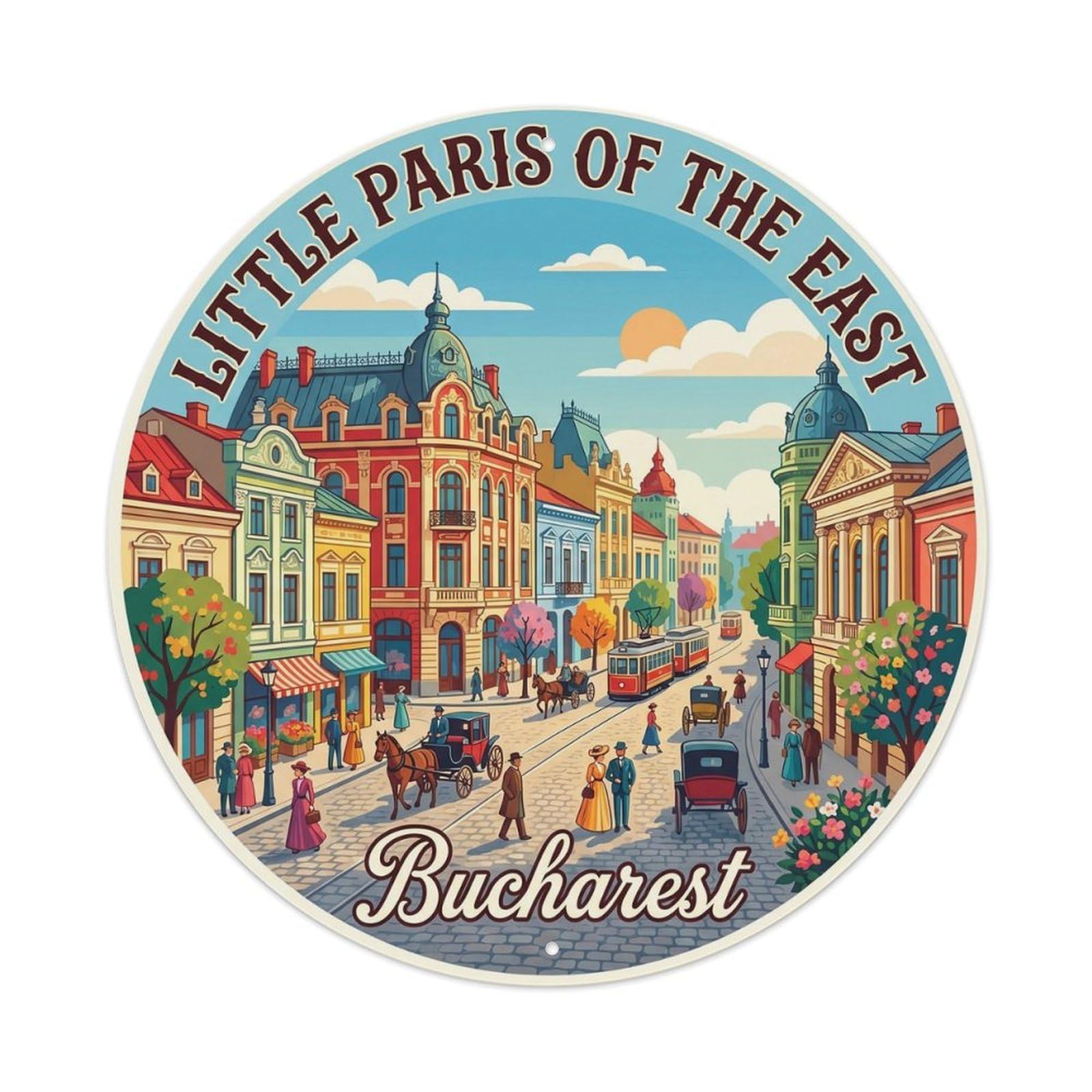 Street Bucharest City Scenic Classic Destination Heritage Metal Tin Sign Plaque Wall Decor for Cafe, Man Cave, Club Bar, Office, Home Garden Round Metal Poster 8x8Inch