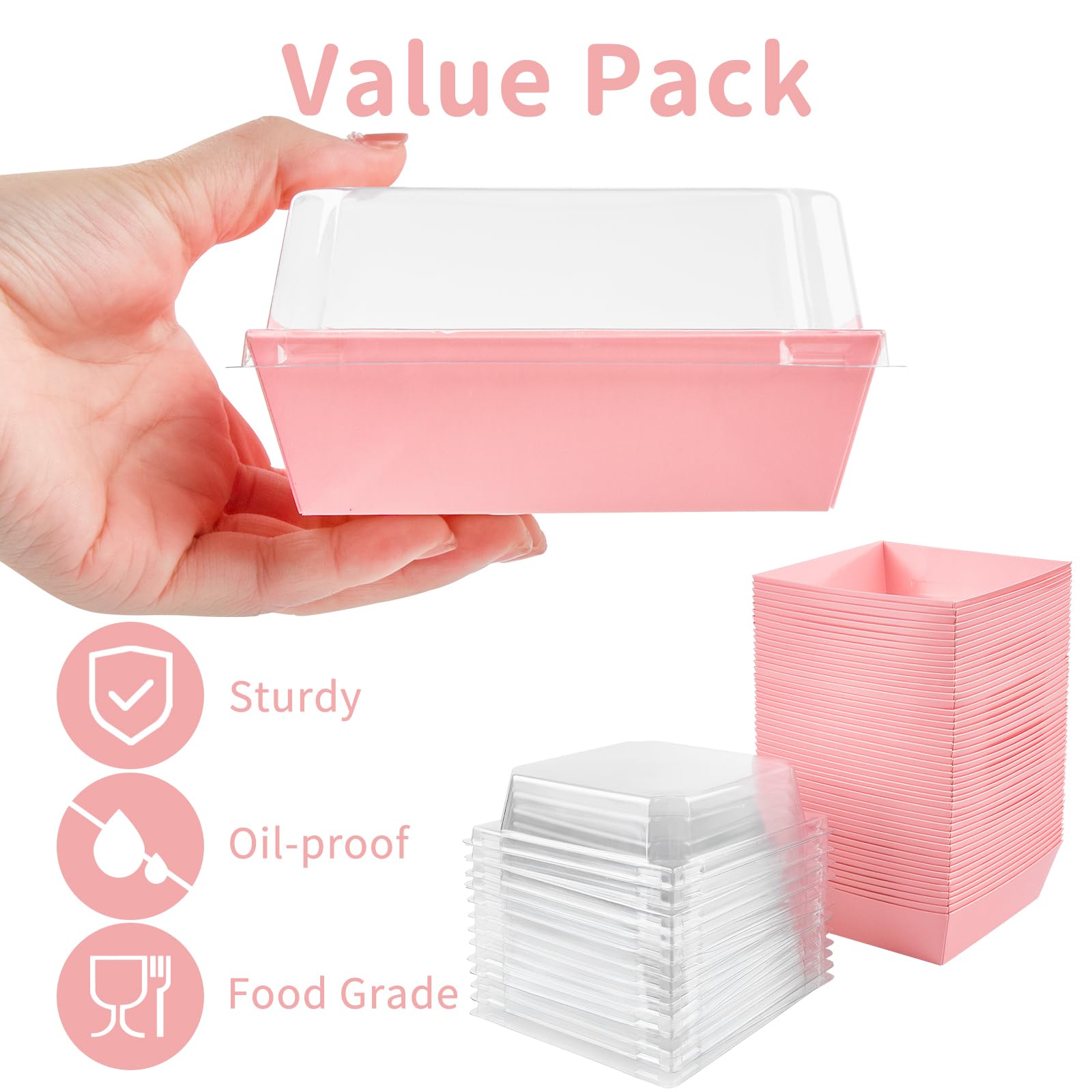 Kucoele Paquete de 100 cajas de papel para embutidos con tapas transparentes, cajas de galletas rosas de 4 pulgadas, cajas de postre, recipientes desechables para sándwich, rebanada de pastel,