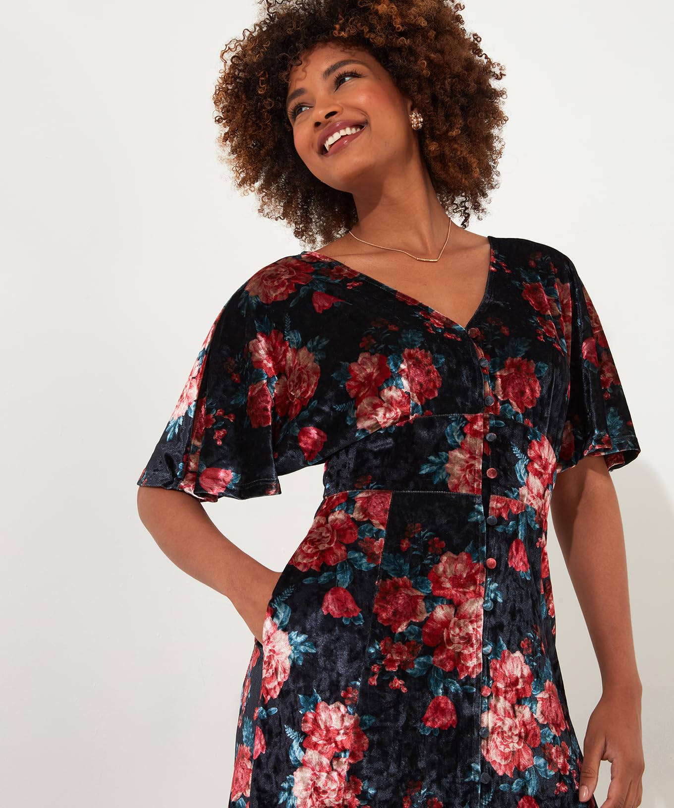 Joe Browns Rose Floral Tie Waist Velour V-Neck Dress Robe, Noir, 38 Femme