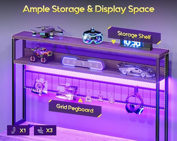 AODK 59 Inch L Shaped Desk with 4 Drawers, Gaming Desk with Led Lights & Power Outlets, Computer Desk with Pegboard & Keyboard Tray, Reverisble Home Office Desk with Storage Shelves & CPU Stand, Grey