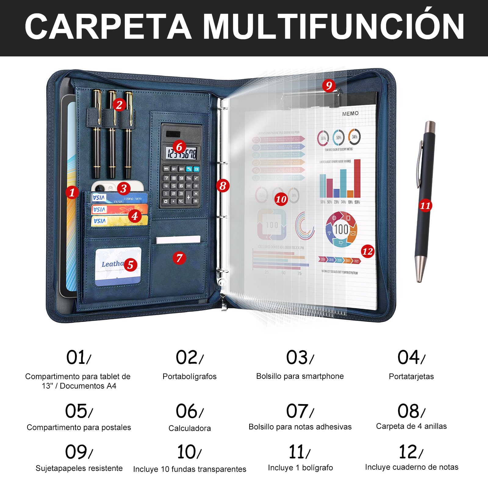 Leathario (Negro-A4) Marcas de Portafolio de Carpeta Plegable de Mano de PU para Hombres, Diseñado para Negocio y para Tomar Notas