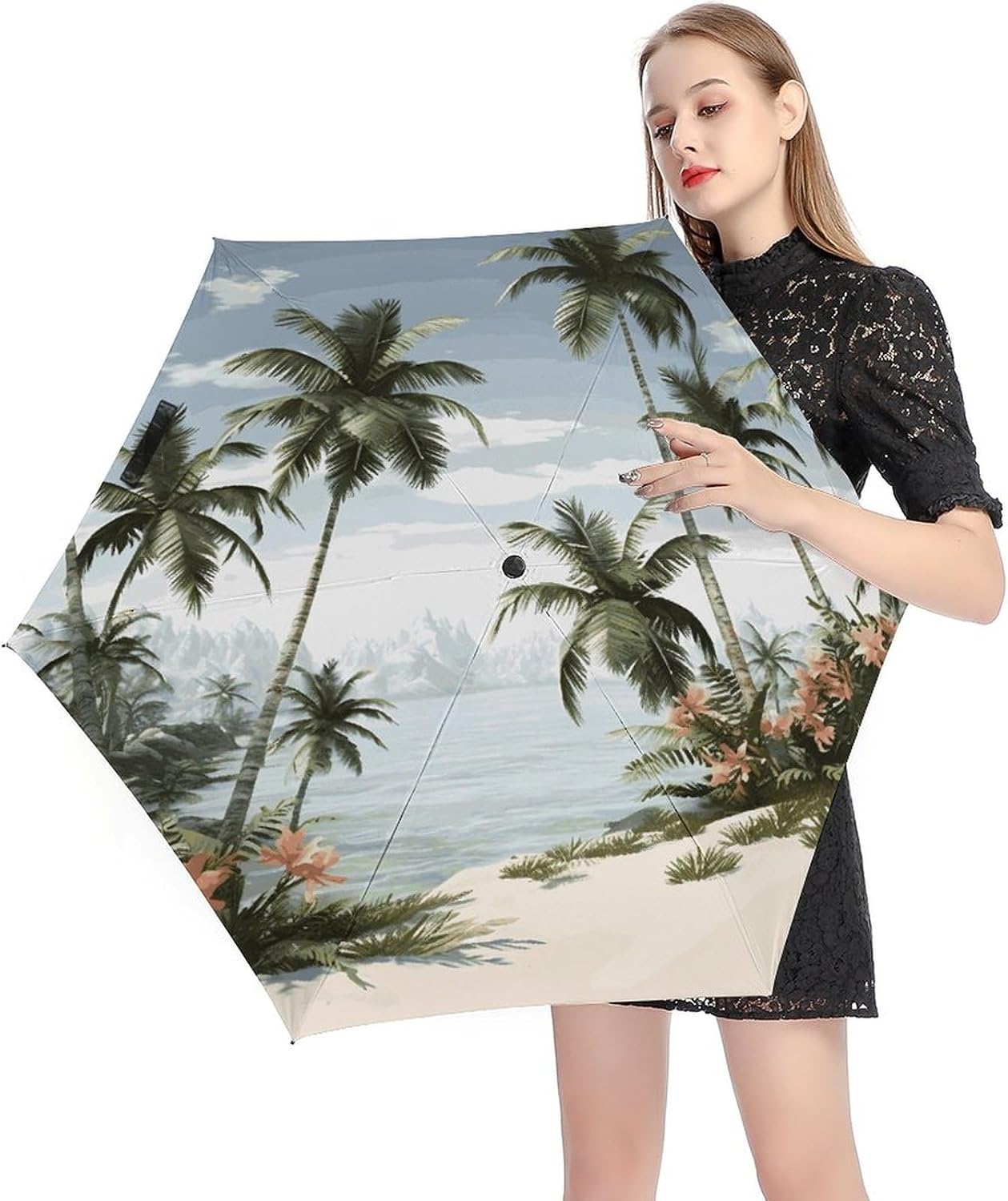 Tropical Palm Trees Umbrella, Strongest Windproof 5-Fold Travel Umbrellas, Premium Portable Folding Umbrella for Rain & Sun, Compact Umbrellas for Purse Backpack, Outdoor & Gifts