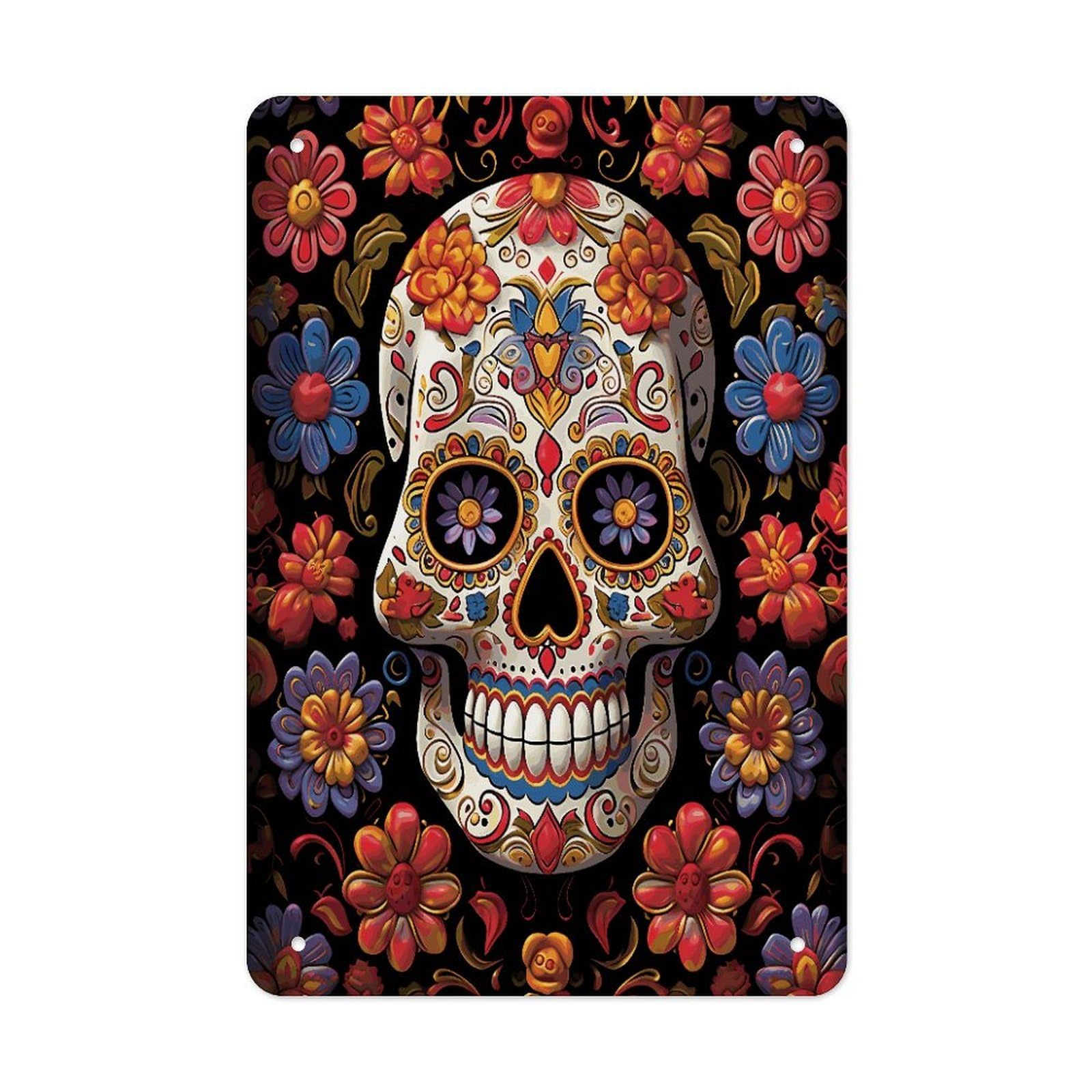 LDGSUPH Sugar Skulls Wall Art Prints Folded Edge Iron Sheet Painting with Holes for Wall Prints Decorative Picture Metal Signboard Decor Painting for Outdoor Indoor Wall Decor