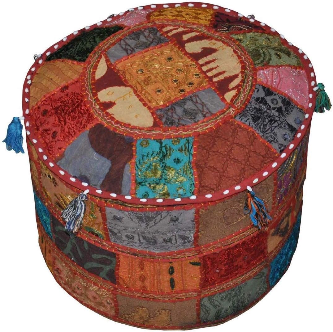 KLAVATE Ganesham Indian Hippie Vintage Cotton Floor Pillow & Cushion Patchwork Bean Bag Chair Cover Boho Bohemian Hand Embroidered Handmade Pouf Ottoman (Multi, 13 H X 22 Diam.(Inch))