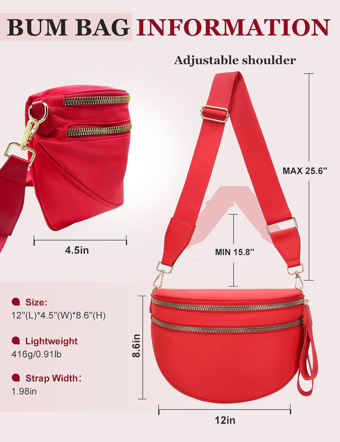 Bum Bags for Women Nylon Crossbody, Spacious Fanny Packs Belt Bag Large Sling Bag with Adjustable Strap (Red)