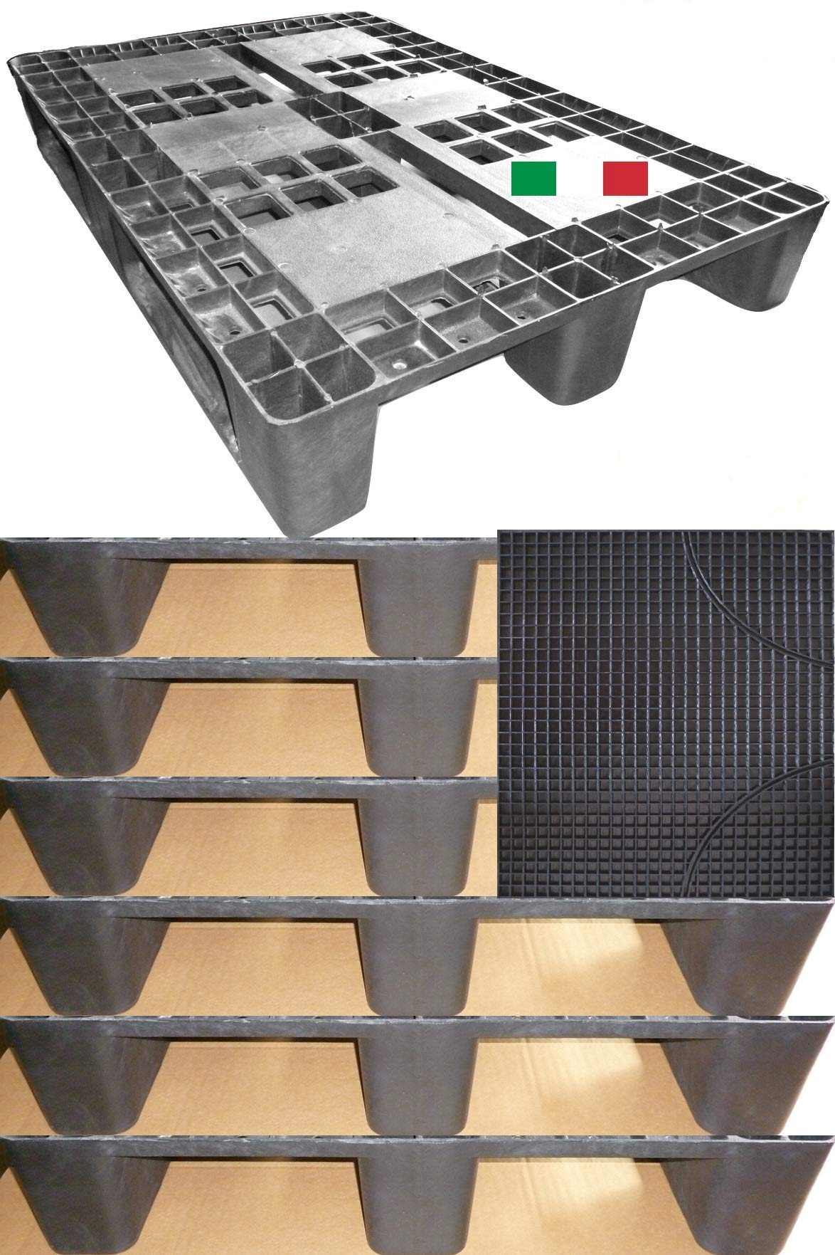 Cenni 12007 Set 7 Bancali Pallet in Plastica 1200 x 800 con 3 Traverse e Tappetino Auto in omaggio, Made in Italy