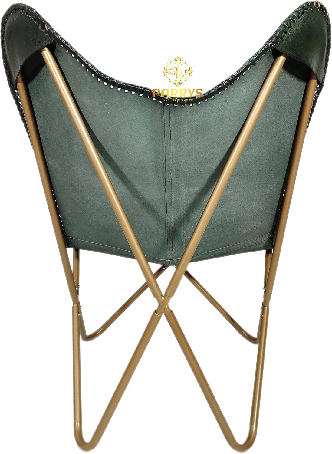 Parry Leather Butterfly Chair for Living Room - Handcrafted Green Buffalo Leather Foldable Powder Coated Iron Frame Relaxing Chair for Home Decor Lounge Accent Outdoor Indoor