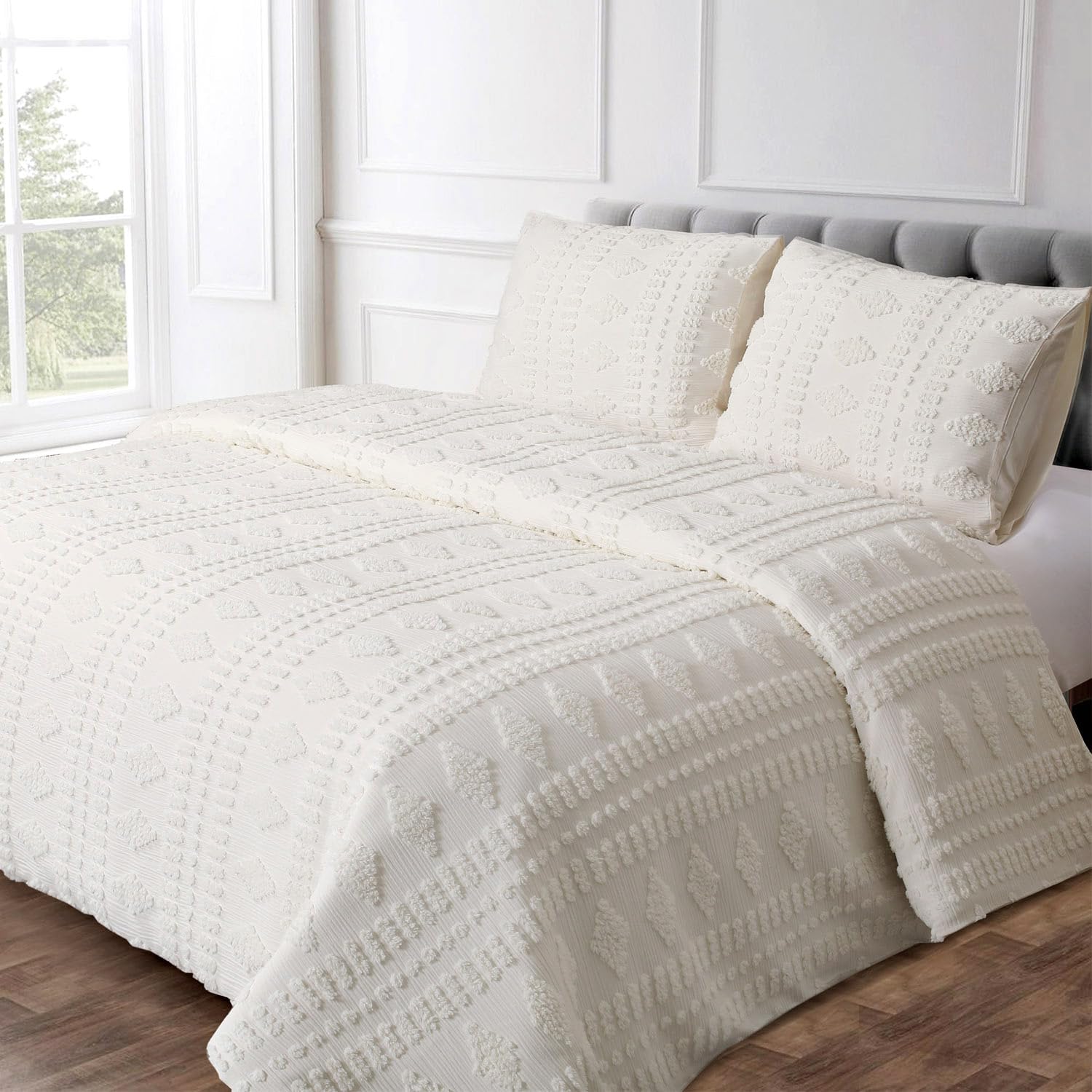 YINFUNG Tufted Duvet Cover Queen Cream Ivory Boho Cotton Beige Shabby Chic Striped Off White Diamonds Poms Textured Embroidery Moroccan Bedding Set Farmhouse Geometric