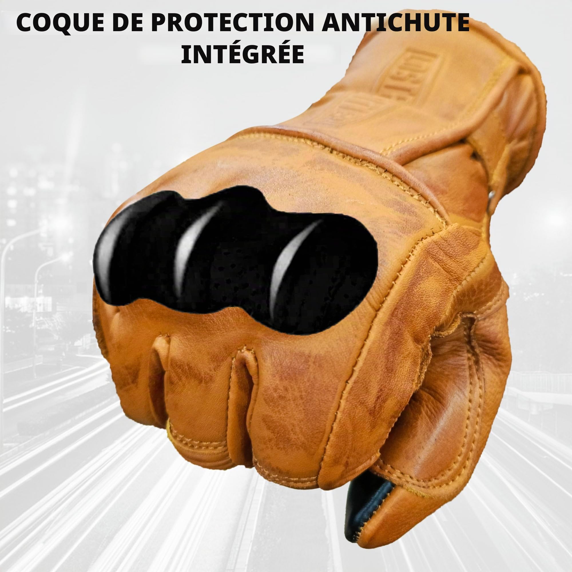 Gants de Moto en Cuir avec Protections Cafe Racer Chopper Custom Wax Jaune Touch