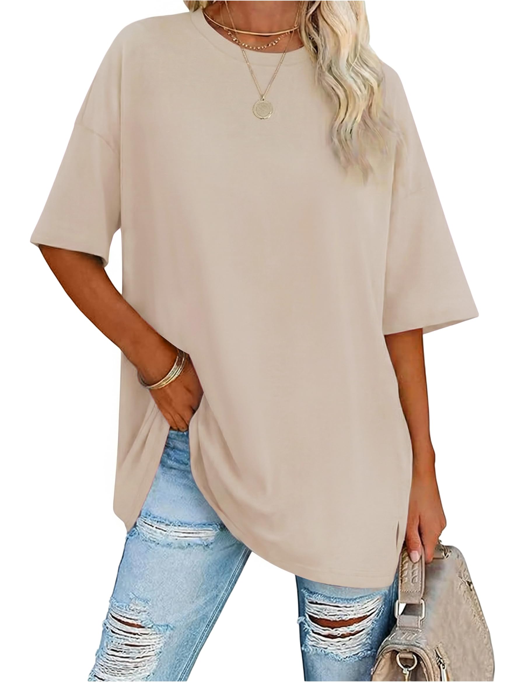 Demegimi Damen T-Shirt Oversize Rundhals aus Baumwolle Kurzarm Longshirt Sommer Locker