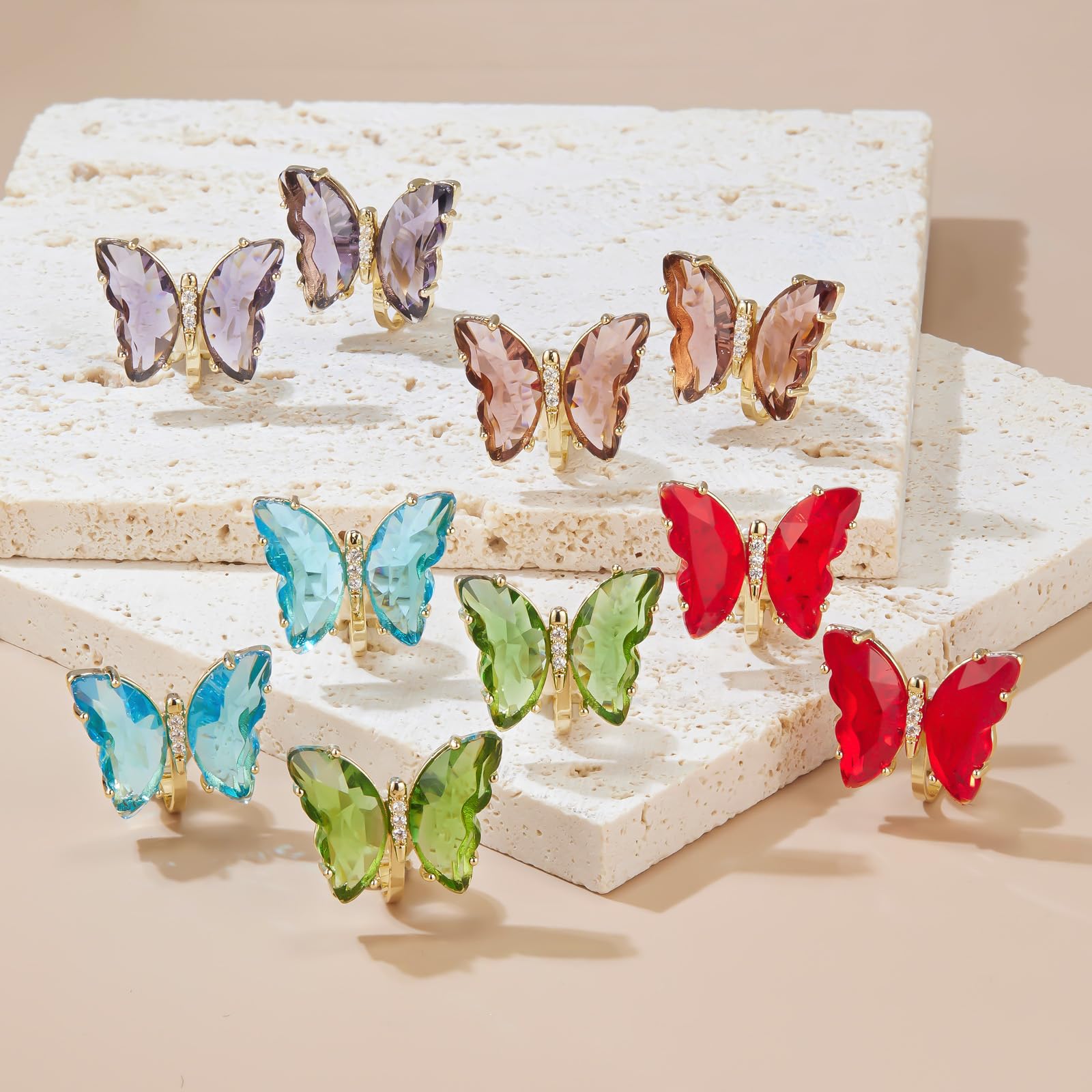 YOQUCOL Butterfly Shape Crystal Clip On Earrings Non Pierced Golden Stud for Women: Light Blue