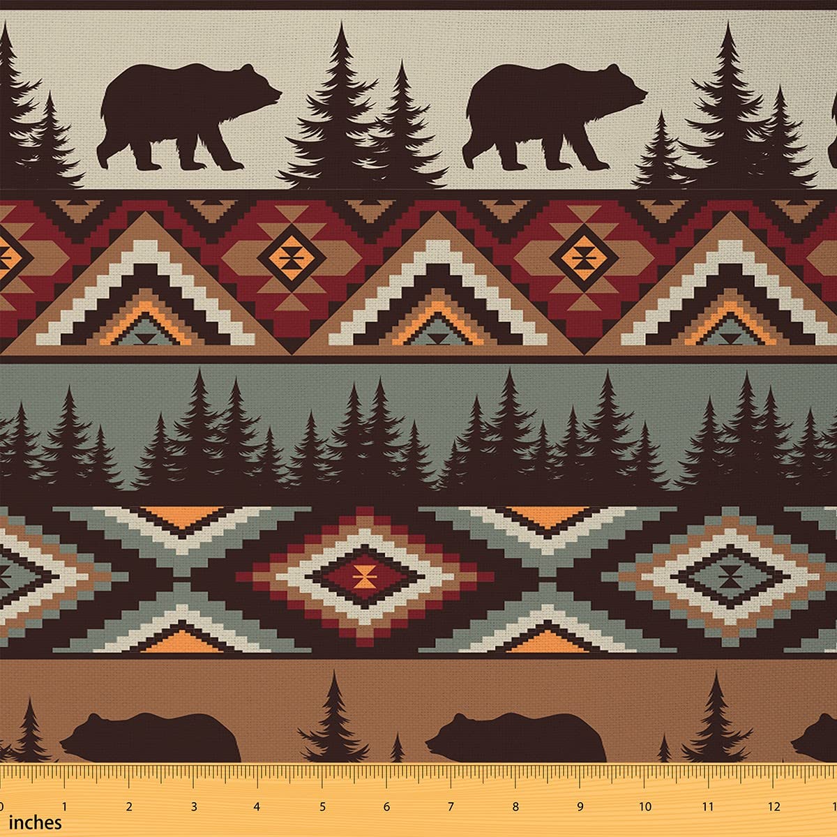 Rustic Bear Fabric by The Yard,Western Aztec Upholstery Decorative Fabric,Farmhouse Hunting Animal Indoor Outdoor Fabric,Woodland Trees DIY Waterproof Fabric,Beigh Black,1 Yard