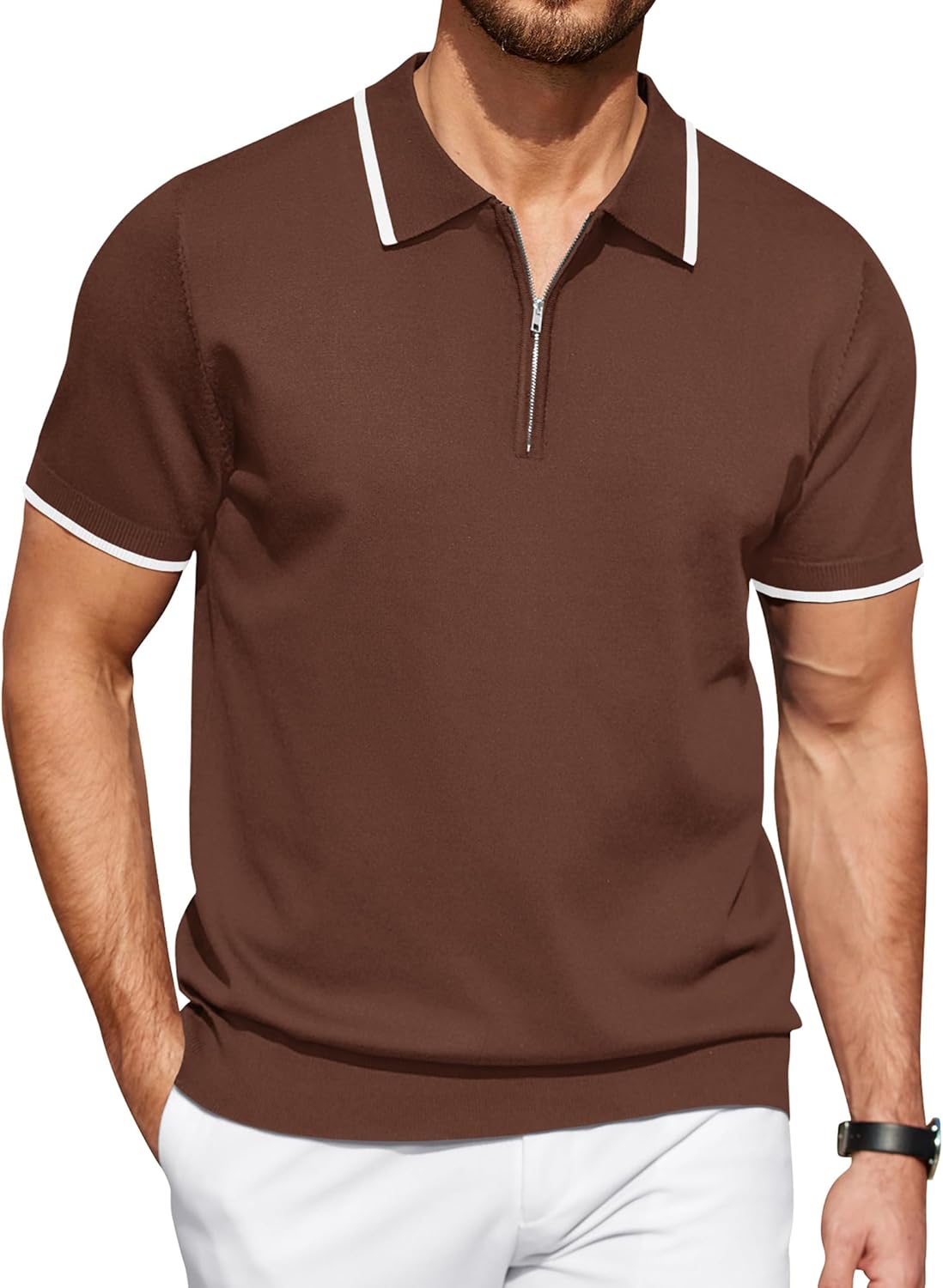 COOFANDY Men's Zipper Polo Shirt Casual Knit Short Sleeve Polo T Shirt Classic Fit Shirts