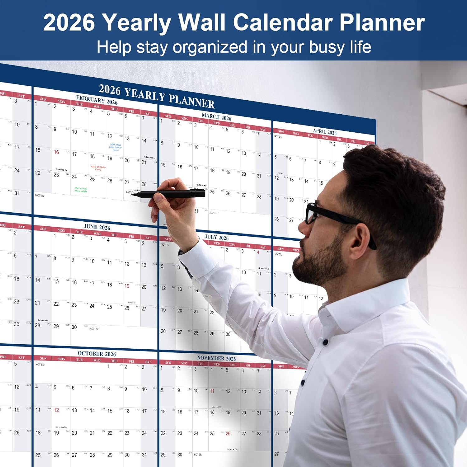 2026 Wall Calendar 32" x 48" Wet & Dry Erase Calendar for Wall - Large Yearly Planner 12 Months, 2-Sided Reversible Horizontal Vertical Calendar January to December for Home Office School