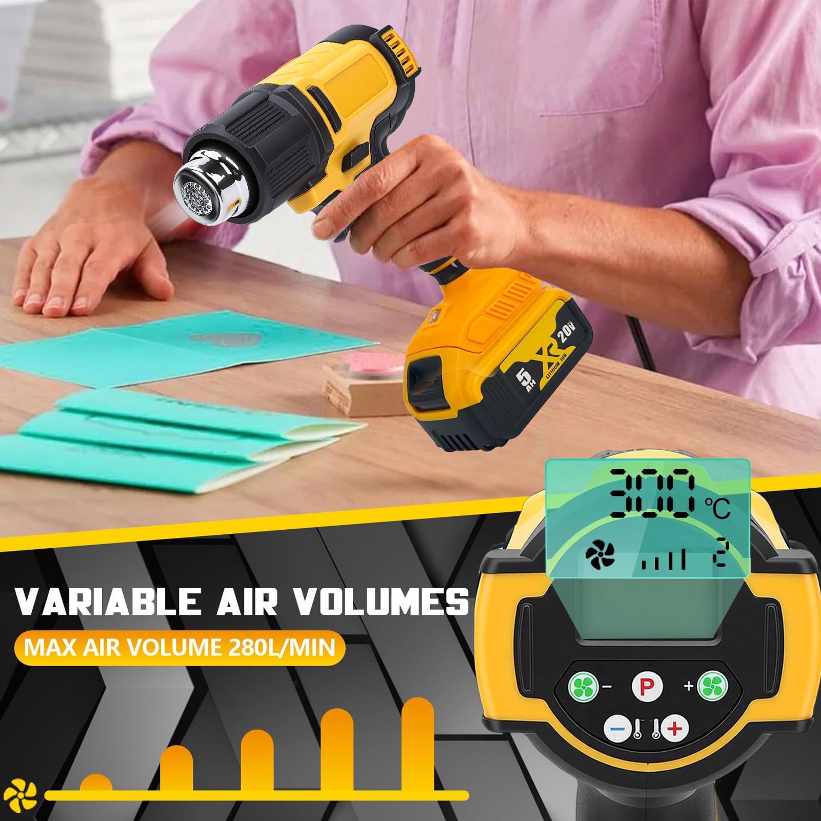 Pistola de calor inalámbrica, pantalla LCD digital alimentada por batería, temperatura ajustable de 122 ℉ a 1022 ℉ Calentamiento rápido para manualidades, decapado de pintura,