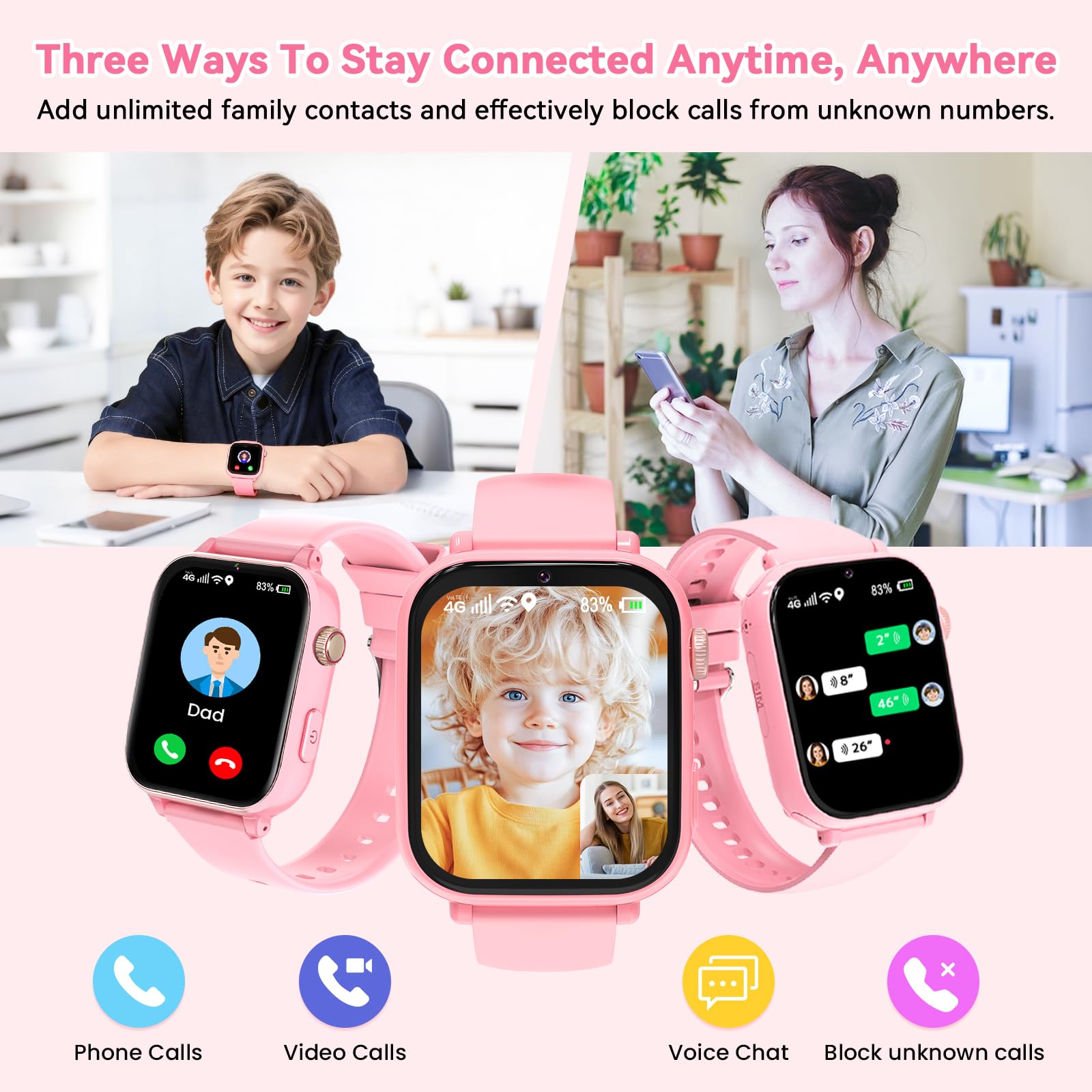 Kinder Smartwatch für Jungen Mädchen, kinderuhr Telefonuhr 4G mit GPS, Telefon, Videoanruf, Voice Chat, SOS, Schulmodus, Wecker, Schrittzähler, Spiele, Smart Uhr Watch für Kids Geschenke 4-12, Rosa