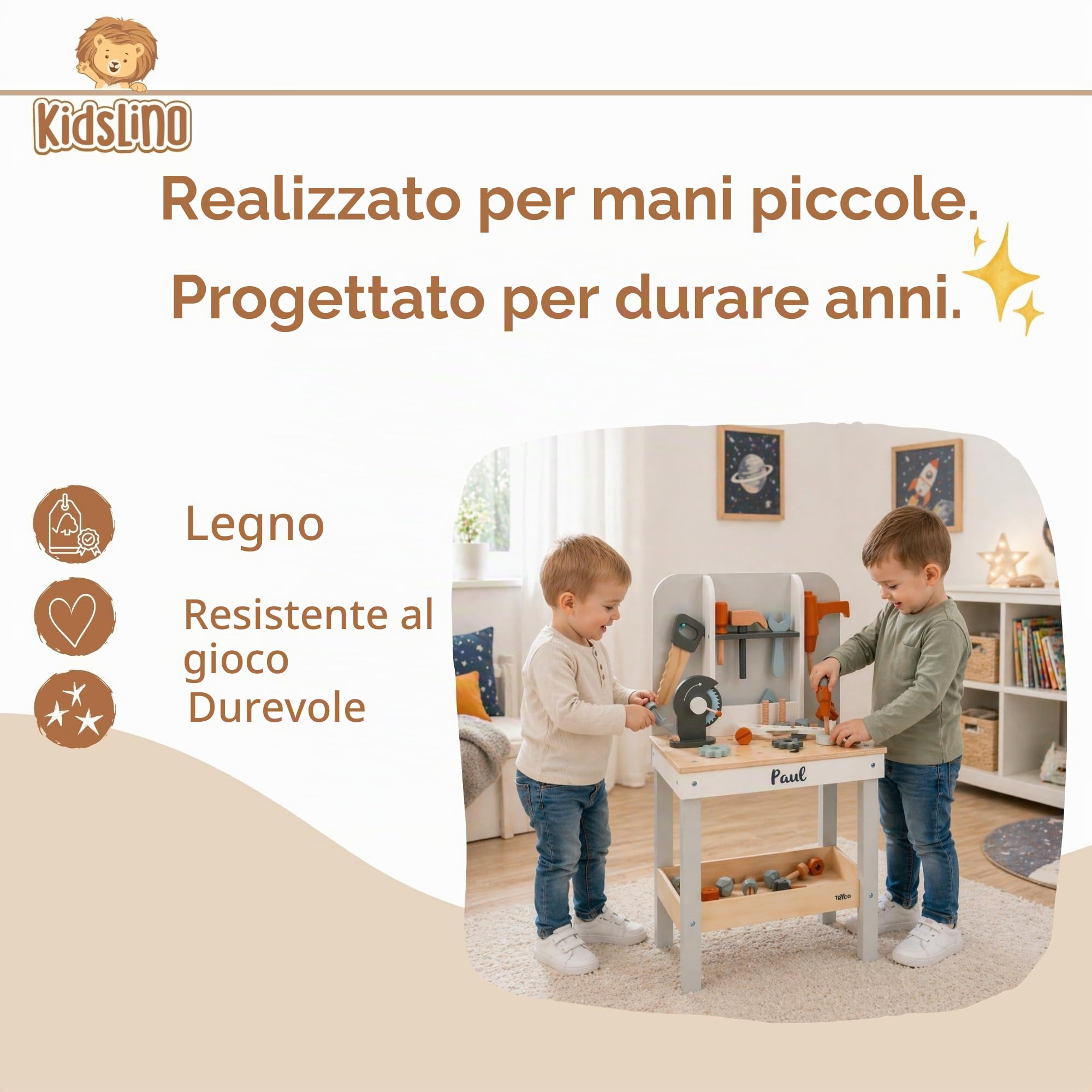 Personalizzato Banco da Lavoro in Legno con Attrezzi – stimola la motricità fine & il gioco di ruolo – per bambini dai 3 anni – personalizzato con il nome – Tryco