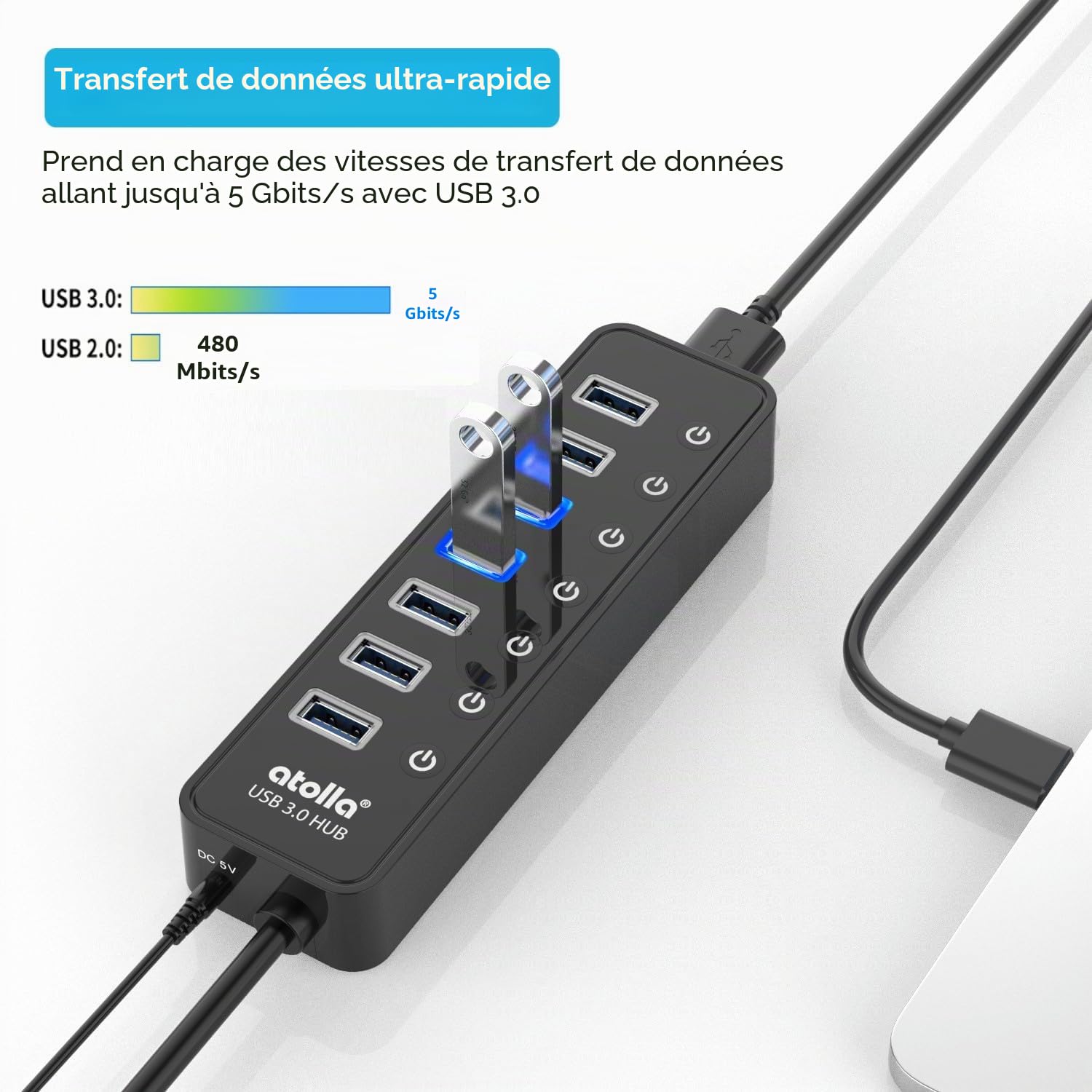 Atolla Hub USB 3.0 actif avec bloc d'alimentation, 7 ports USB 3.0 Hub de données actif avec interrupteur et 1 port de charge intelligent et adaptateur d'alimentation 20 W (5 V/4 A)