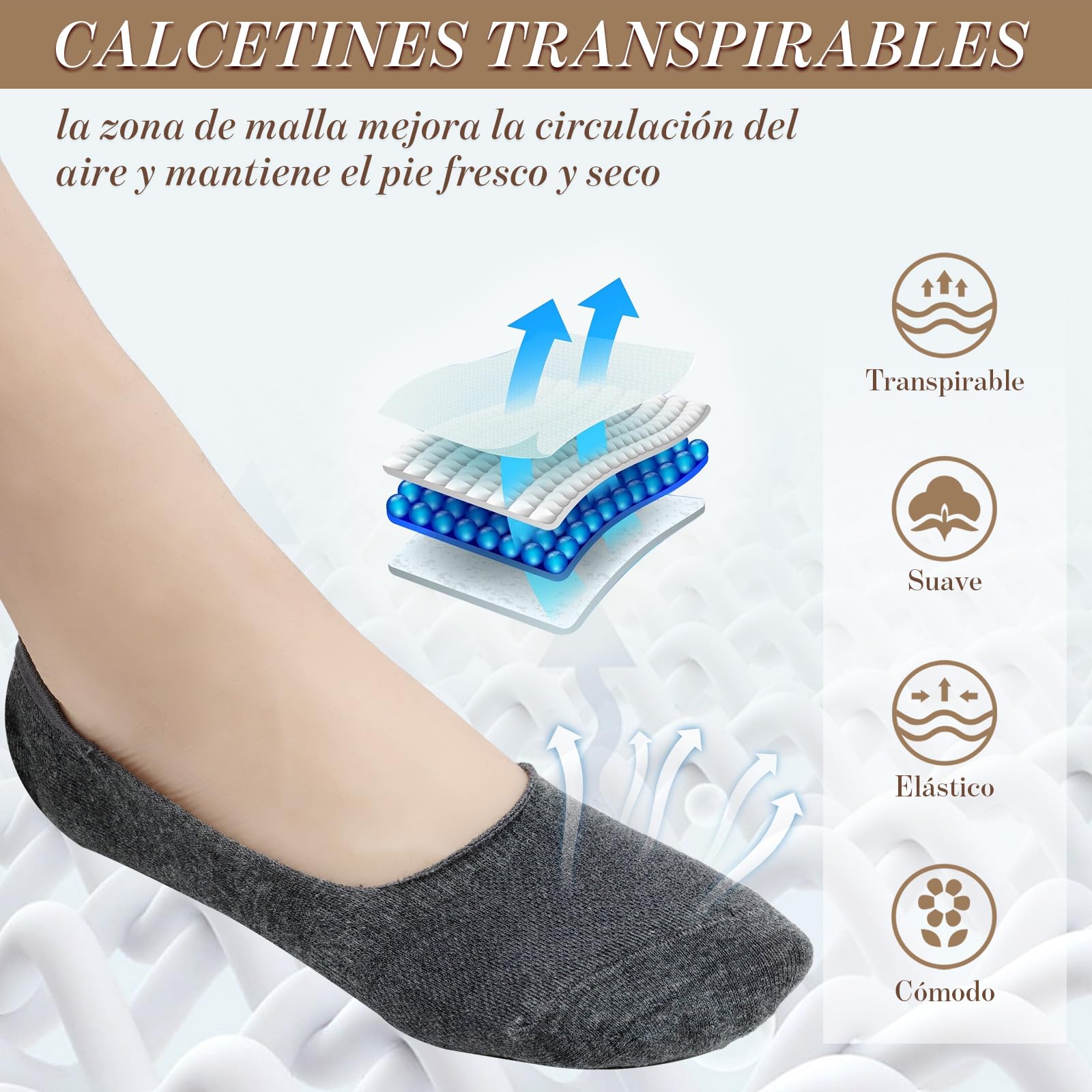 10 Pares Calcetines Invisibles Hombre y Mujer EU 39-45, Calcetines Transpirables Pinkies en Algodón Calcetines Cortos con Antideslizantes Silicona para Verano