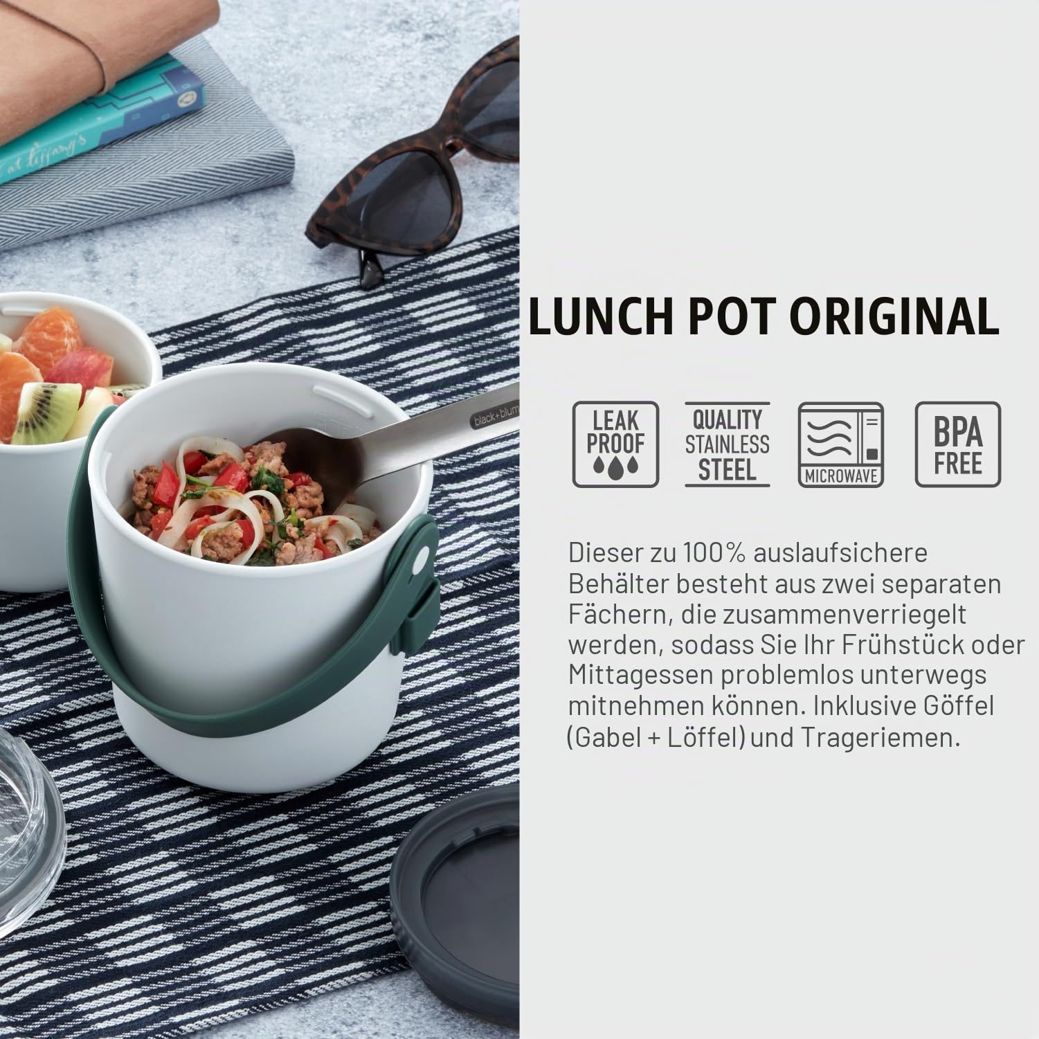 BLACK + BLUM Original Lunchpot 300 & 600 ml | Olive | Zwei 100% auslaufsichere Meal Prep Boxen | Lunch Box inkl. Edelstahl-Göffel & Tragegriff | Mikrowellengeeignet | BPA-freie Lunchbox Erwachsene