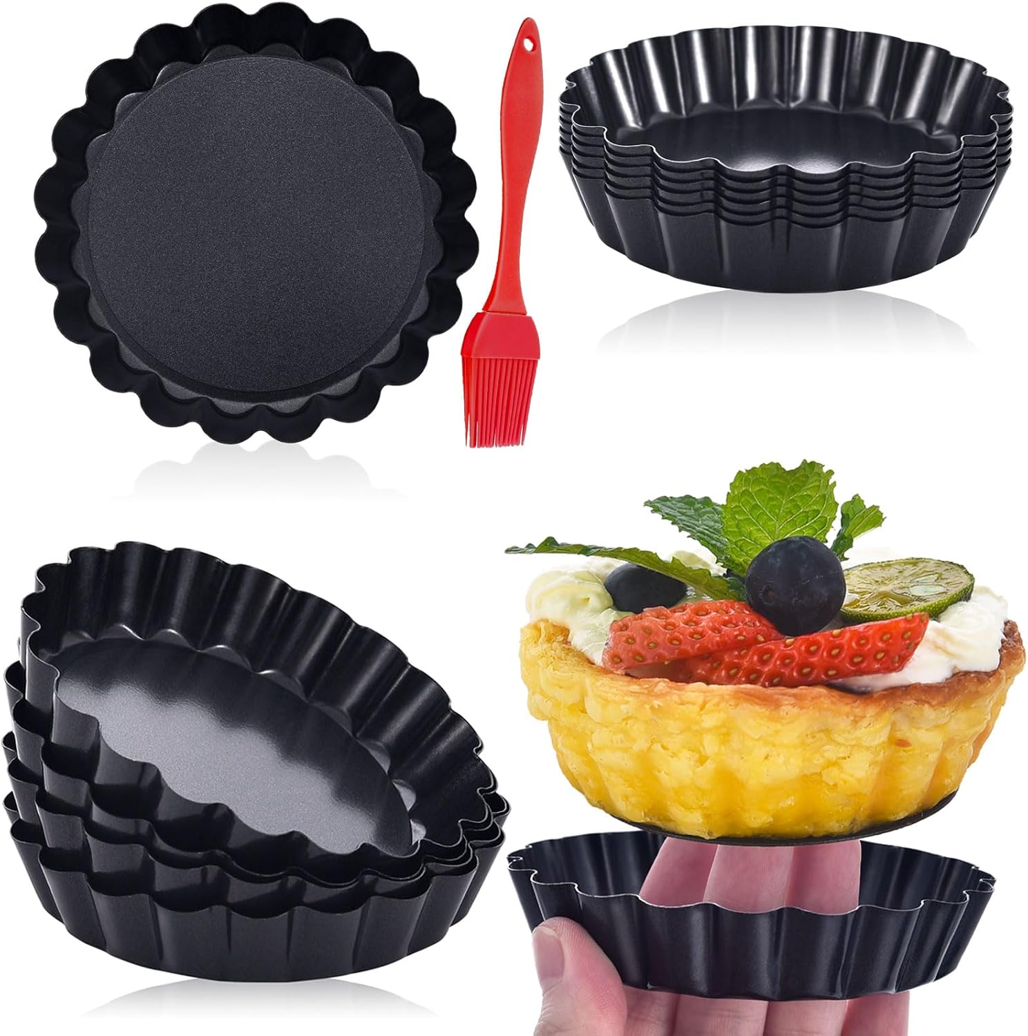 DATANYA 16 Pack Mini Tart Pans 4 Inch with Removable Bottom Round Nonstick Quiche Pan, Heavy Duty Fluted Side Tart Molds for Pies, Mousse Cakes, Dessert Baking 4 Inch -16pcs