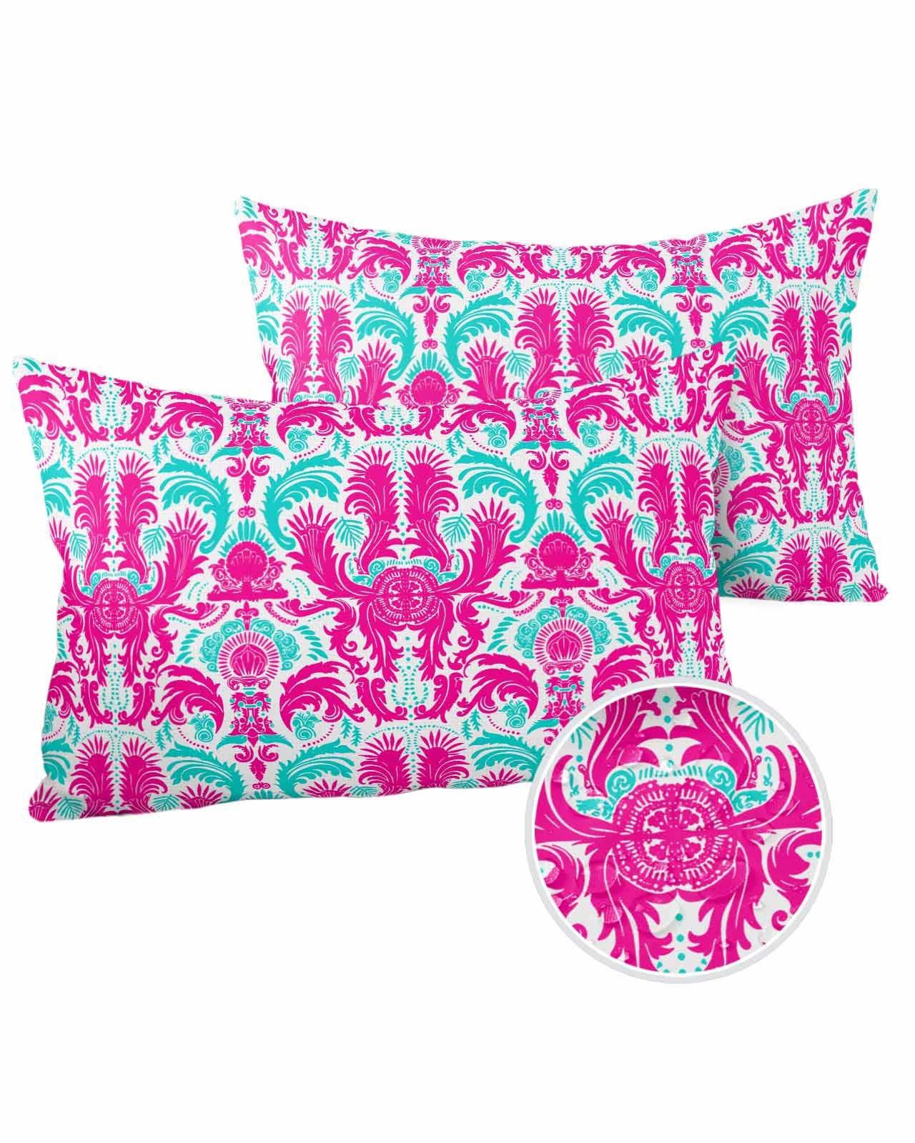 Boanket Lumbar Pillow Covers 12 x 20 in, Pink Teal Waterproof Throw Pillow Cover Set of 2, Ethnic Modern Geometric Aesthetics Home Decorative Rectangle Cushion Covers for Patio/Tent/Couch/Garden