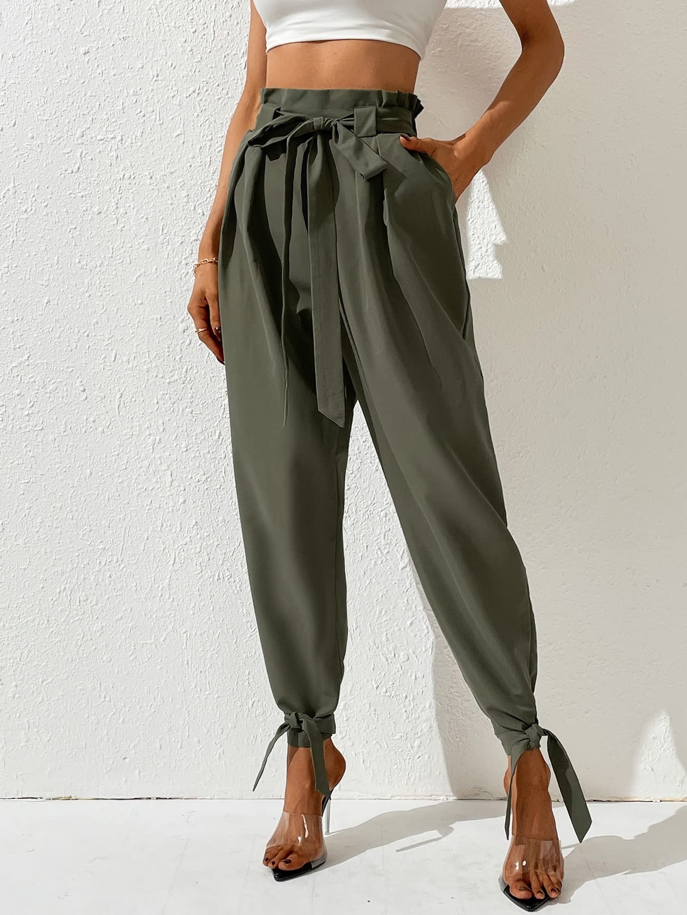 AVIMYA Womens Casual Pants Paperbag Waist Knot Hem Belted Pants for Work