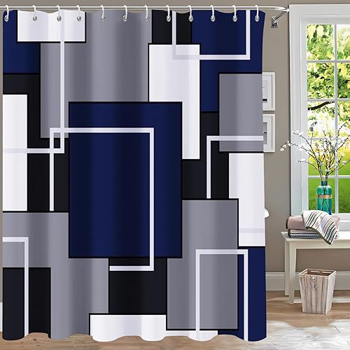Miniatura 3 de Cortina de ducha azul marino para baño, juego de cortinas de ducha modernas geométricas abstractas azules, cortina de ducha cuadrada blanca,