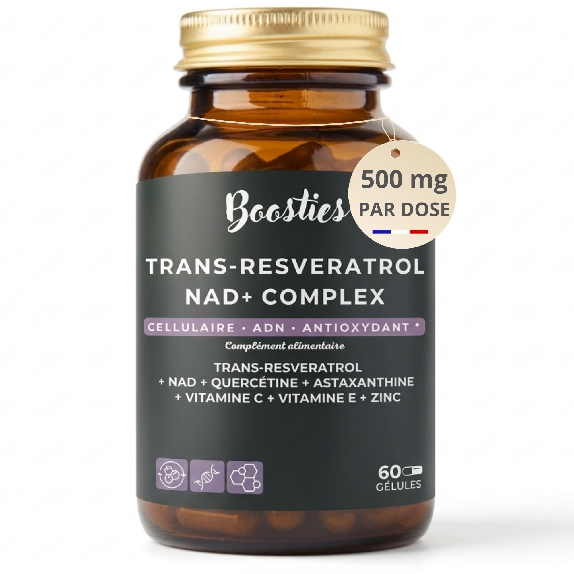 Trans-Resvératrol (98%) 500 mg & NAD+ Complex – avec Quercétine, Astaxanthine, Vitamines C, E & Zinc – Anti-Âge, Bouclier Antioxydant, ADN & Vitalité – Sans stéarate magnésium – 60 gélules