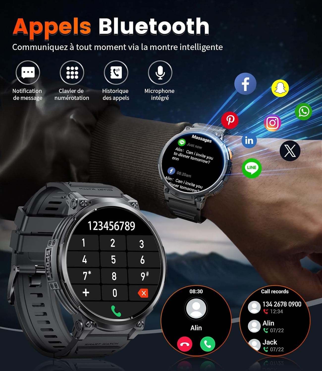 ESFOE FV6 Smartwatch showing Bluetooth call interface and message notifications
