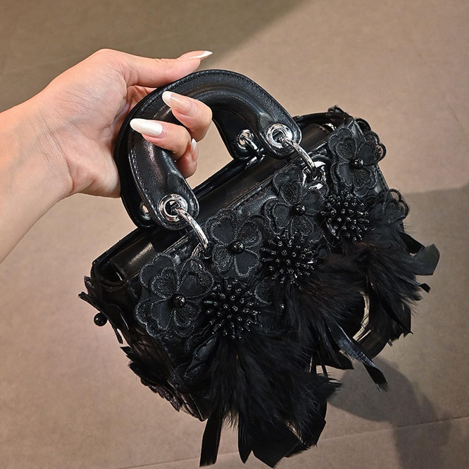Bolso cruzado de encaje con plumas y cuentas, correa de hombro ajustable, bolso de mano de piel sintética para mujer, fiesta, citas, uso diario, bolsa cuadrada con correa ajustable