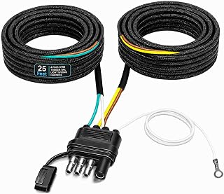 25FT 4 Pin 5 Wire Trailer Wiring Harness with Nylon Net Tube Guard.