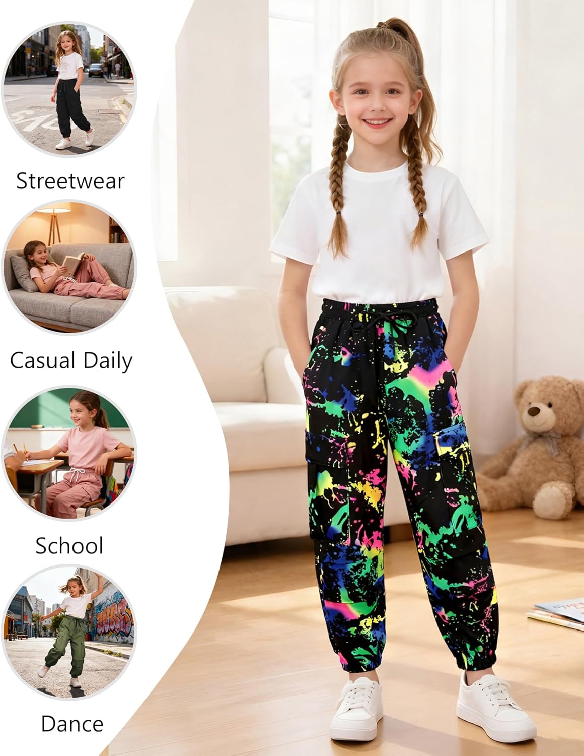 Girls Cargo Pant Cotton Elastic Waist Joggers Pants for Kids Hiking Training Sweat Casual Trousers with Pockets - Image 5