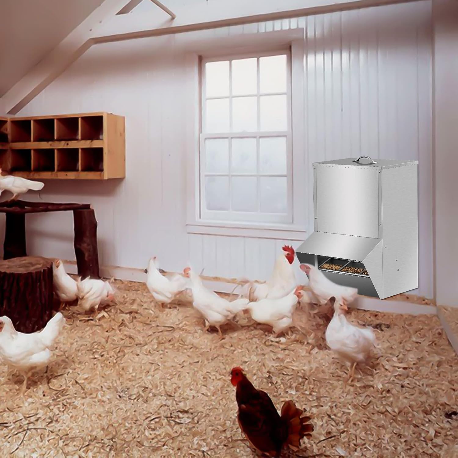 Galvanized Poultry Feeder, 30LBS Chicken Feeders No Waste, Rat Proof Hanging Chicken Feeder with Lid, Weatherproof Outdoor Coop Food Dispenser Silver