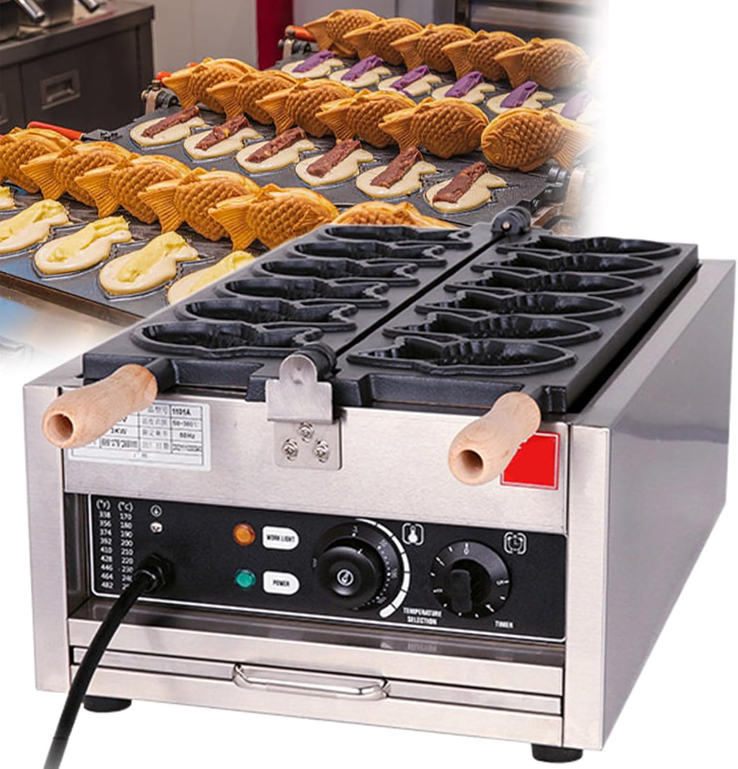 Taiyaki Fish Waffle Maker, Electric Taiyaki Machine, Fish Shaped Waffle Cones, Stainless Steel Professional, Nonstick Coating,6pcsTaiyaki