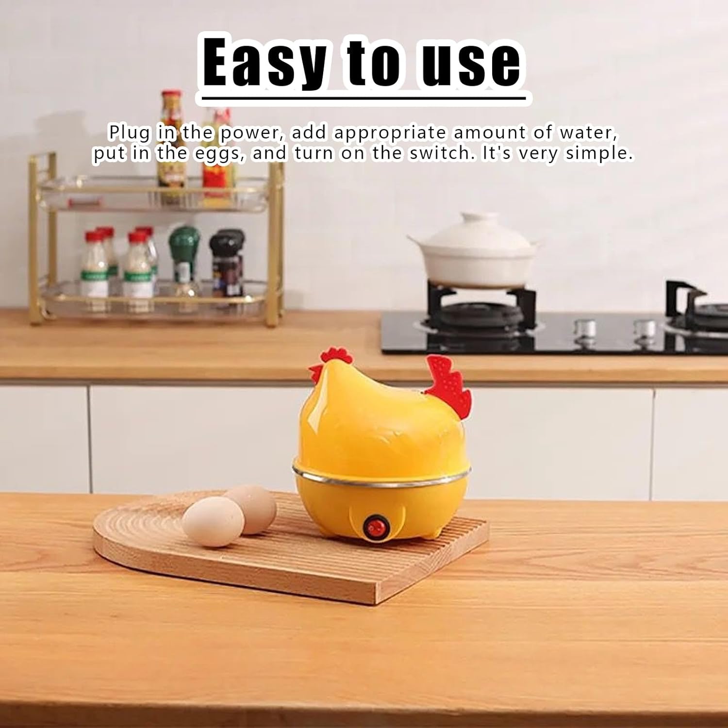 Electric Egg Steamer on a kitchen counter with two raw eggs